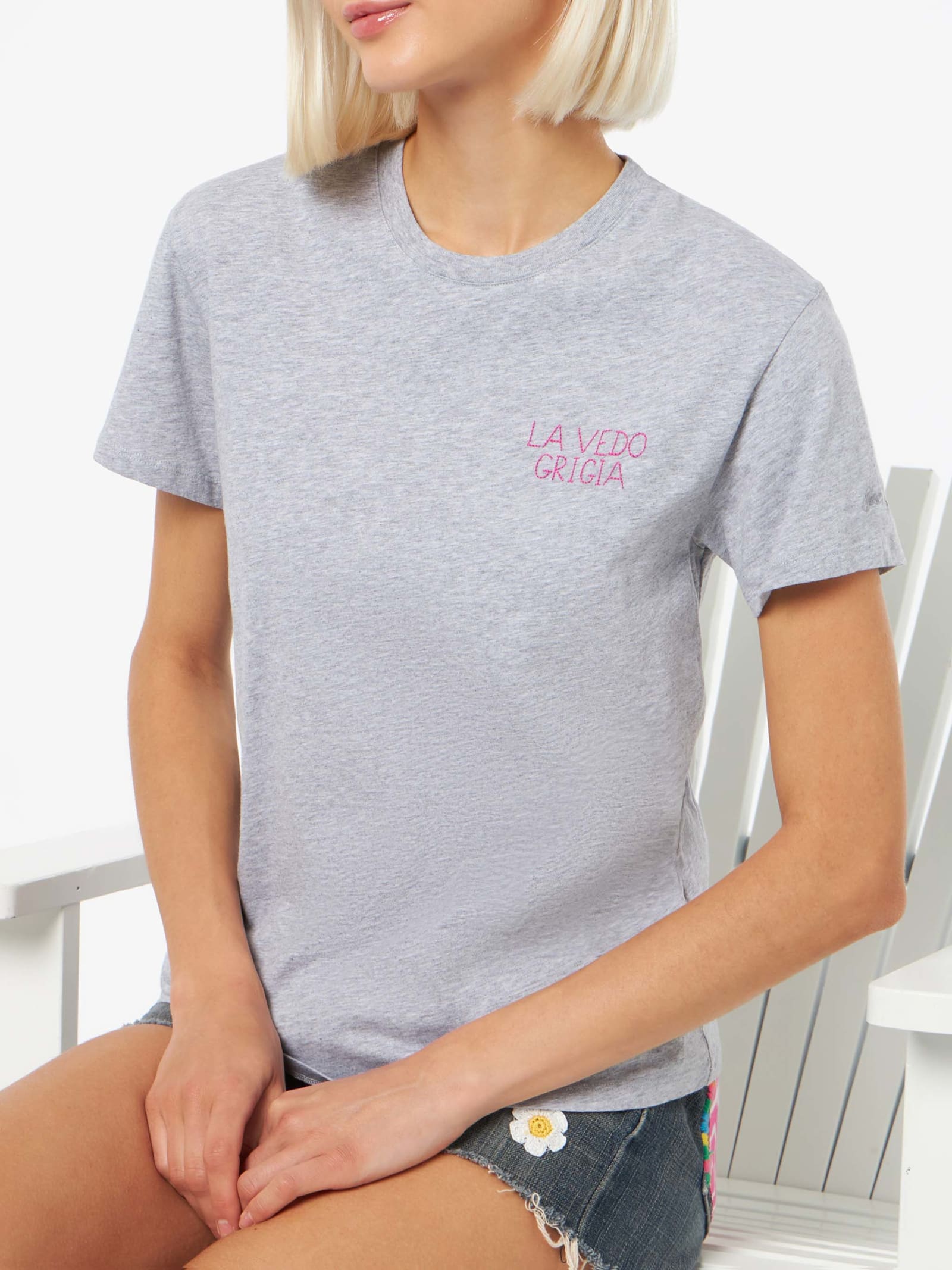 Mc2 Saint Barth Woman Cotton Jersey Crewneck T-shirt Emilie With La Vedo Grigia Embroidery In Melange Grey