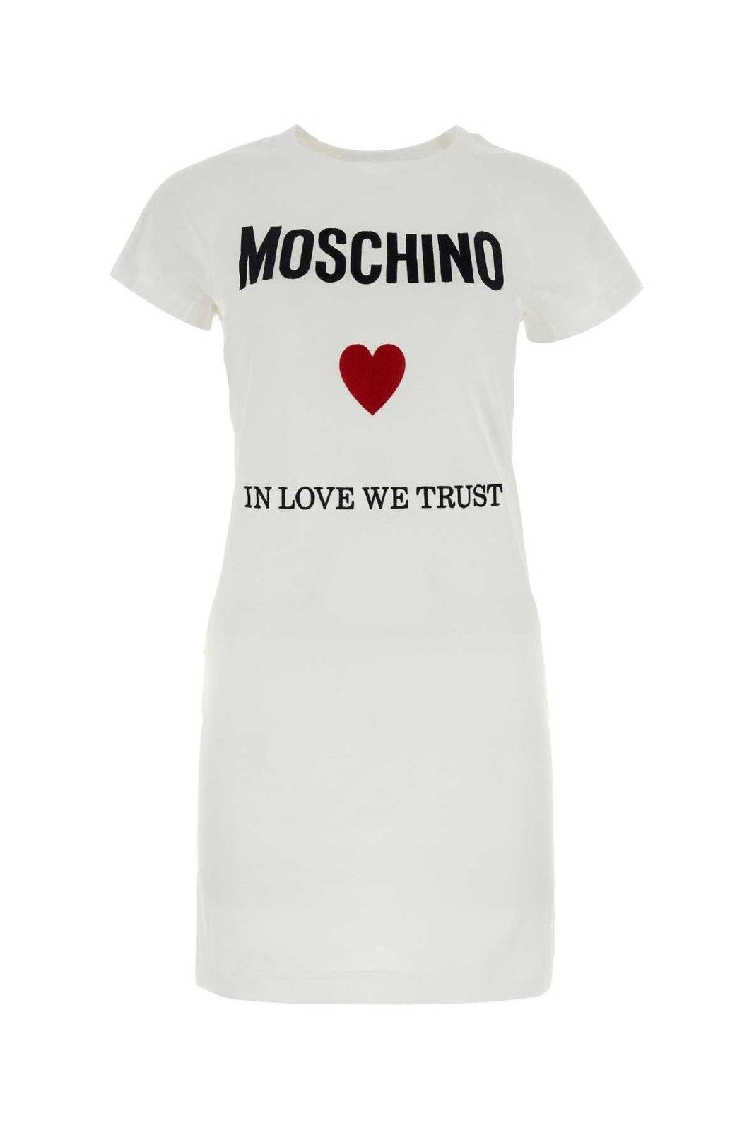 Shop Moschino Logo Printed Crewneck Mini T-shirt Dress In White