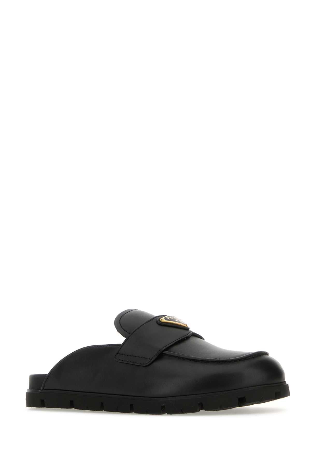 Shop Prada Black Leather Slippers In Nero