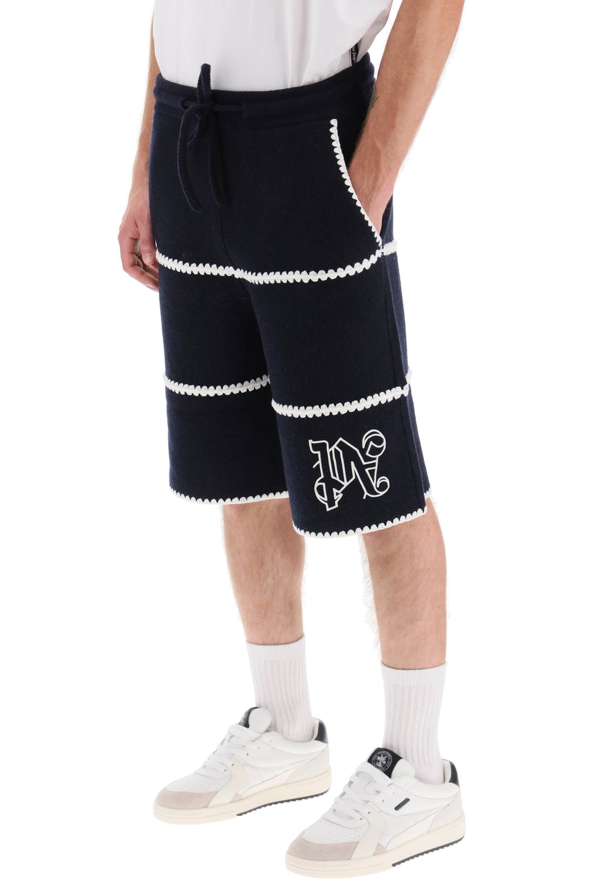 Shop Palm Angels Wool Knit Shorts With Contrasting Trims In Navy Blue (blue)