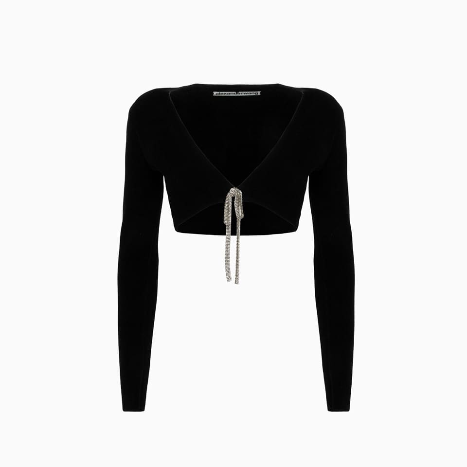 Alexander Wang Cropped Crystal-embellished Cotton-blend Chenille Cardigan In Black
