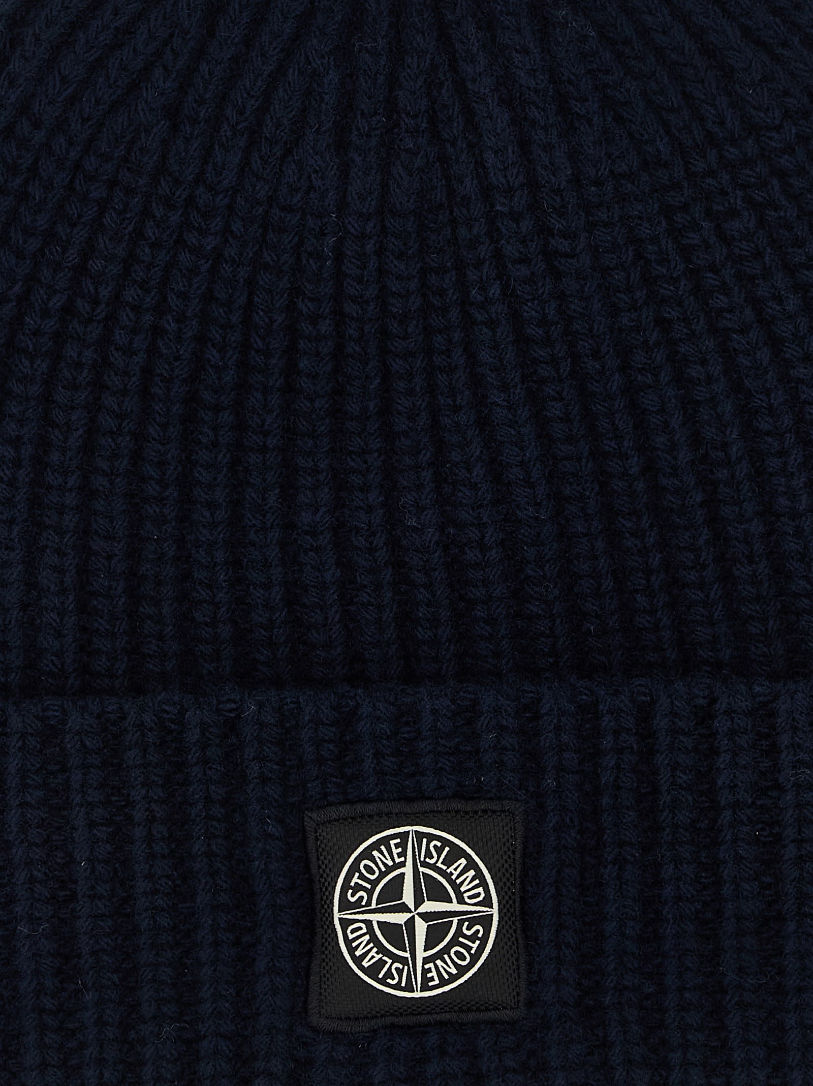Stone Island Beanie With Compass Patch And Ribbed Cuff In Blue