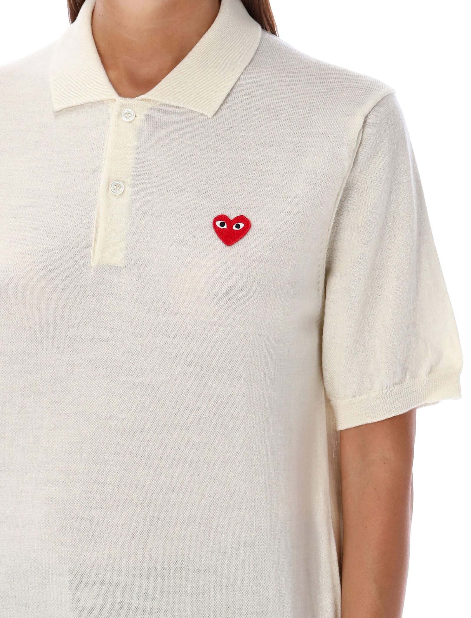 Shop Comme Des Garçons Play Red Heart Knit Polo Shirt In White