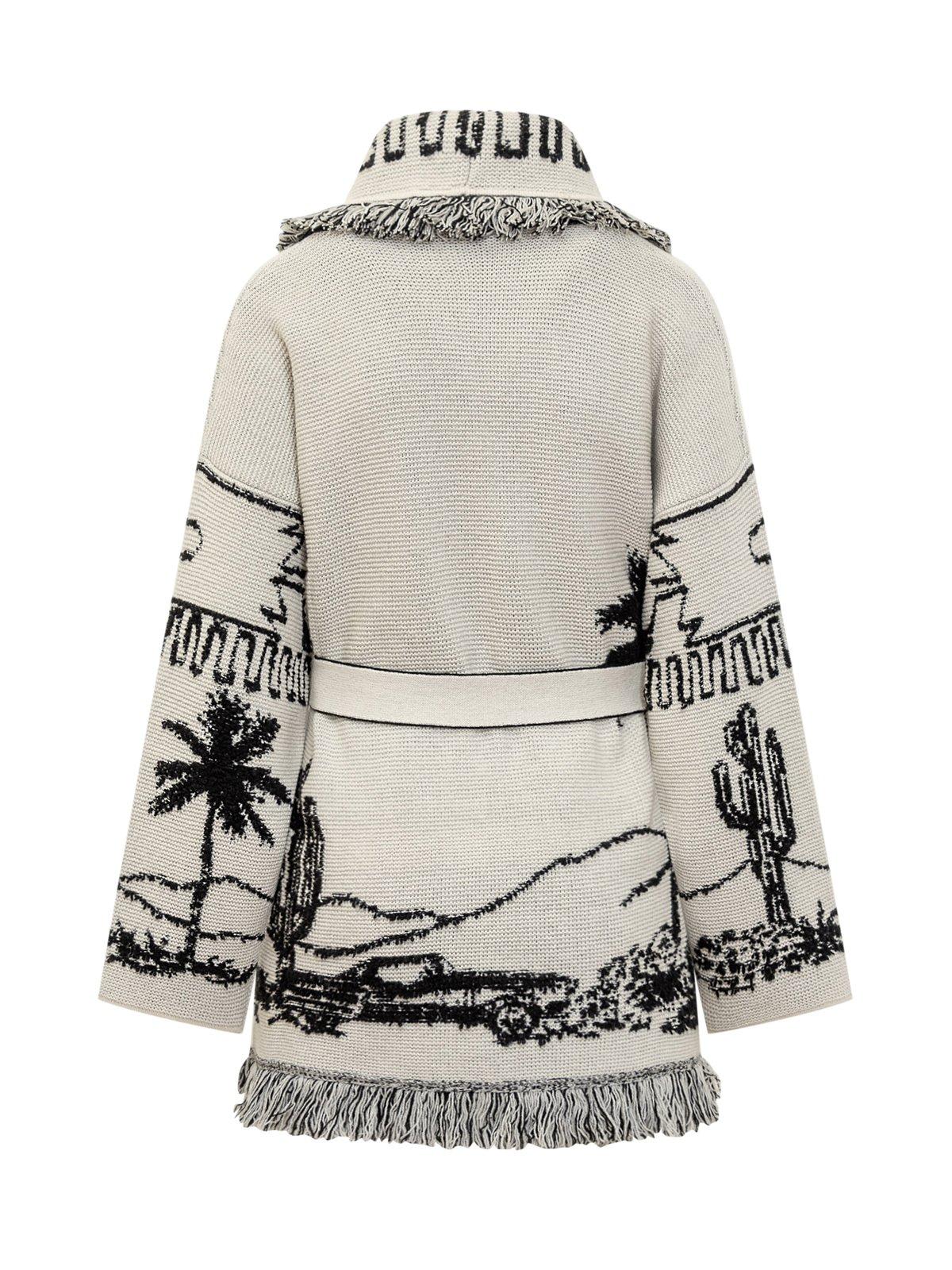 Shop Alanui Pattern Jacquard Fringed Belted Cardigan In White