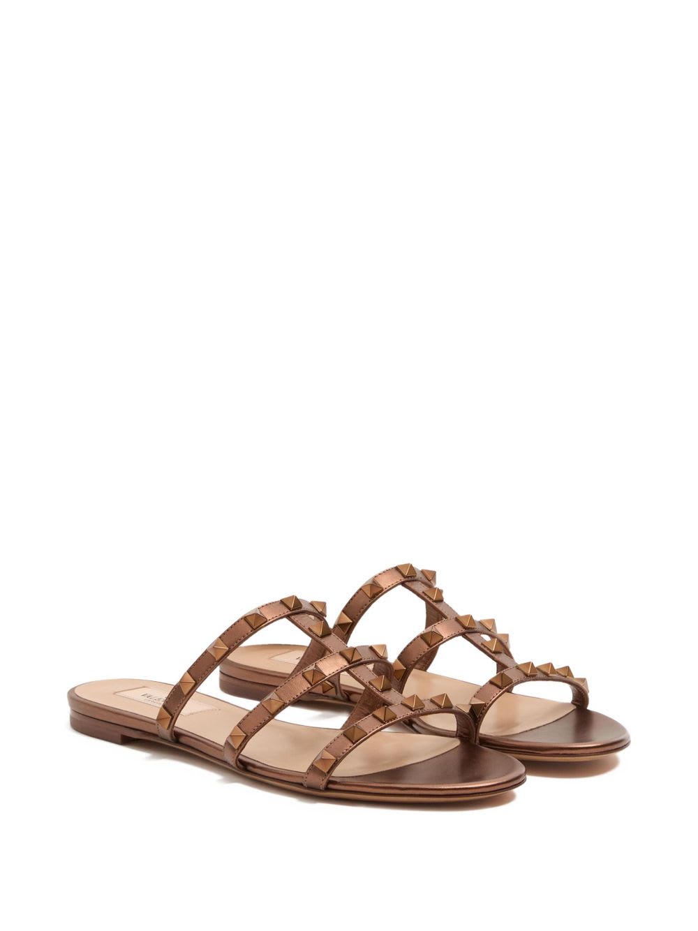 Valentino Rockstud Metallic City Flat Slide Sandals In Brown
