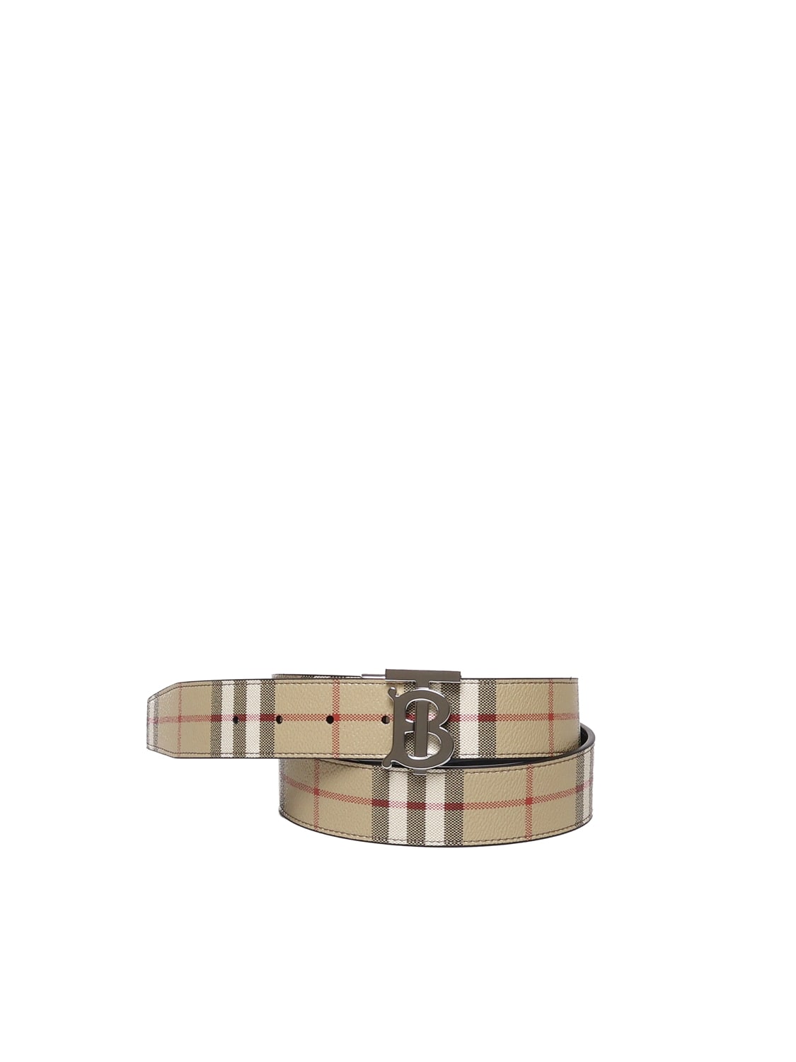 Shop Burberry Reversible Leather And Check Tb Belt In Beige