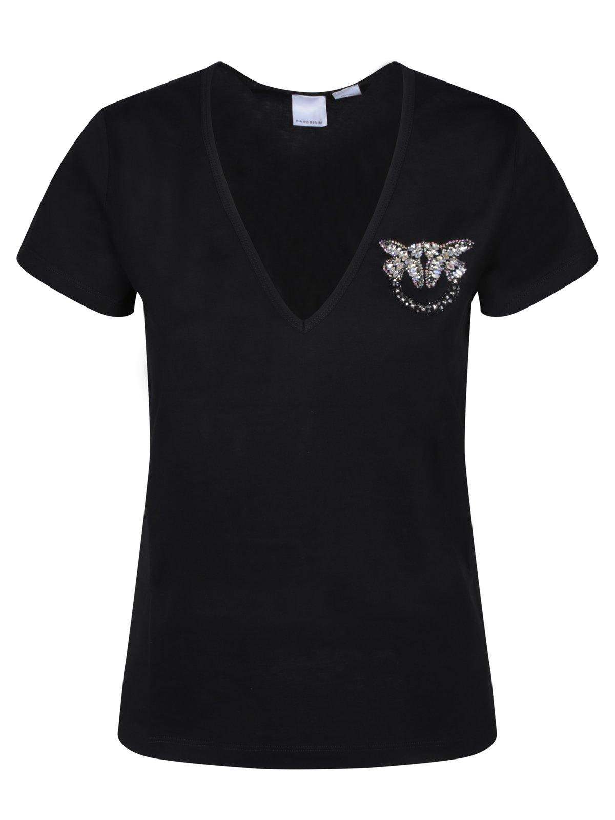 Shop Pinko Logo-embellished V-neck T-shirt In Black
