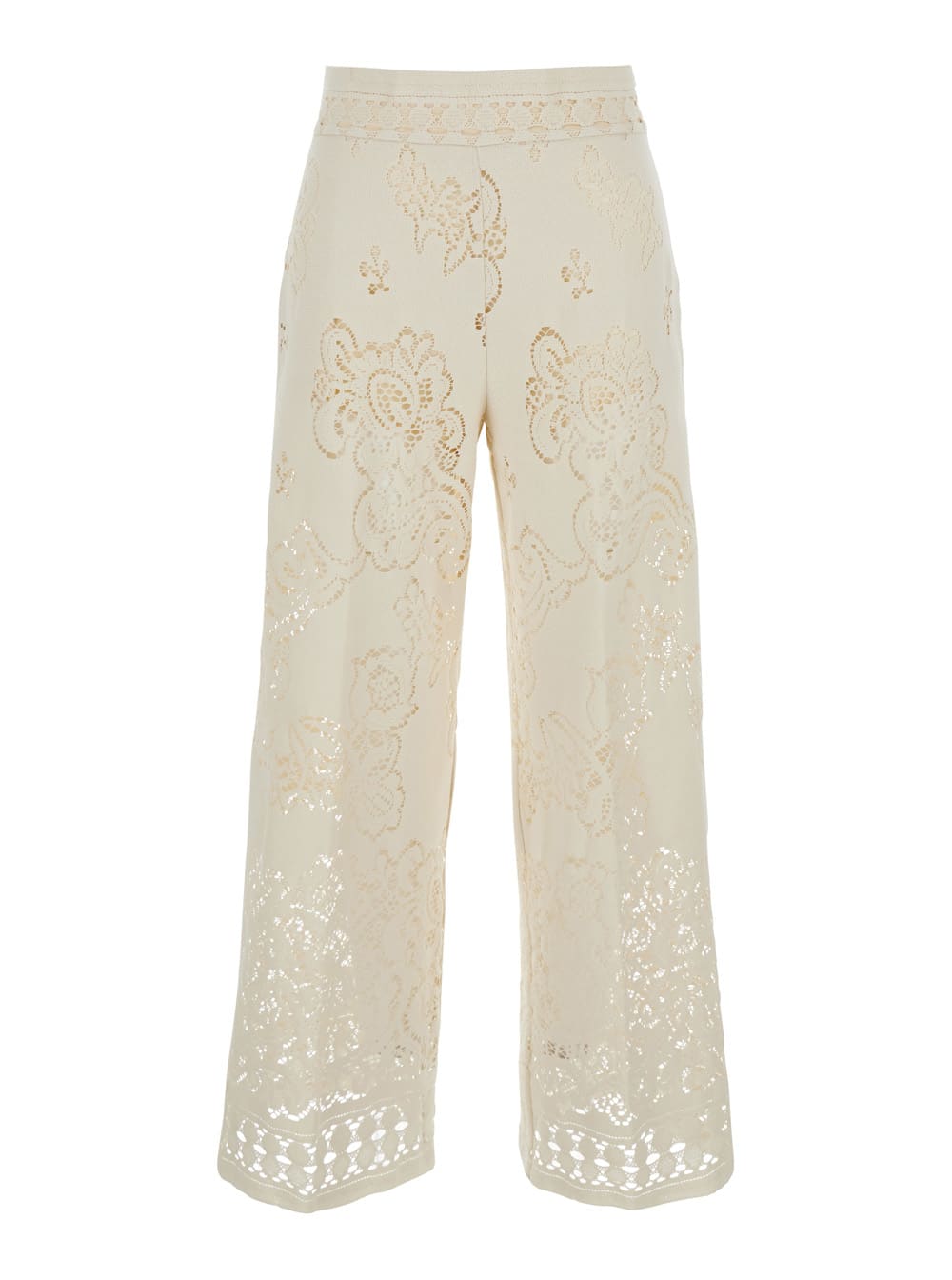 White Pants With Semi-transparent Design And Lace Details In Cotton Macramé Woman