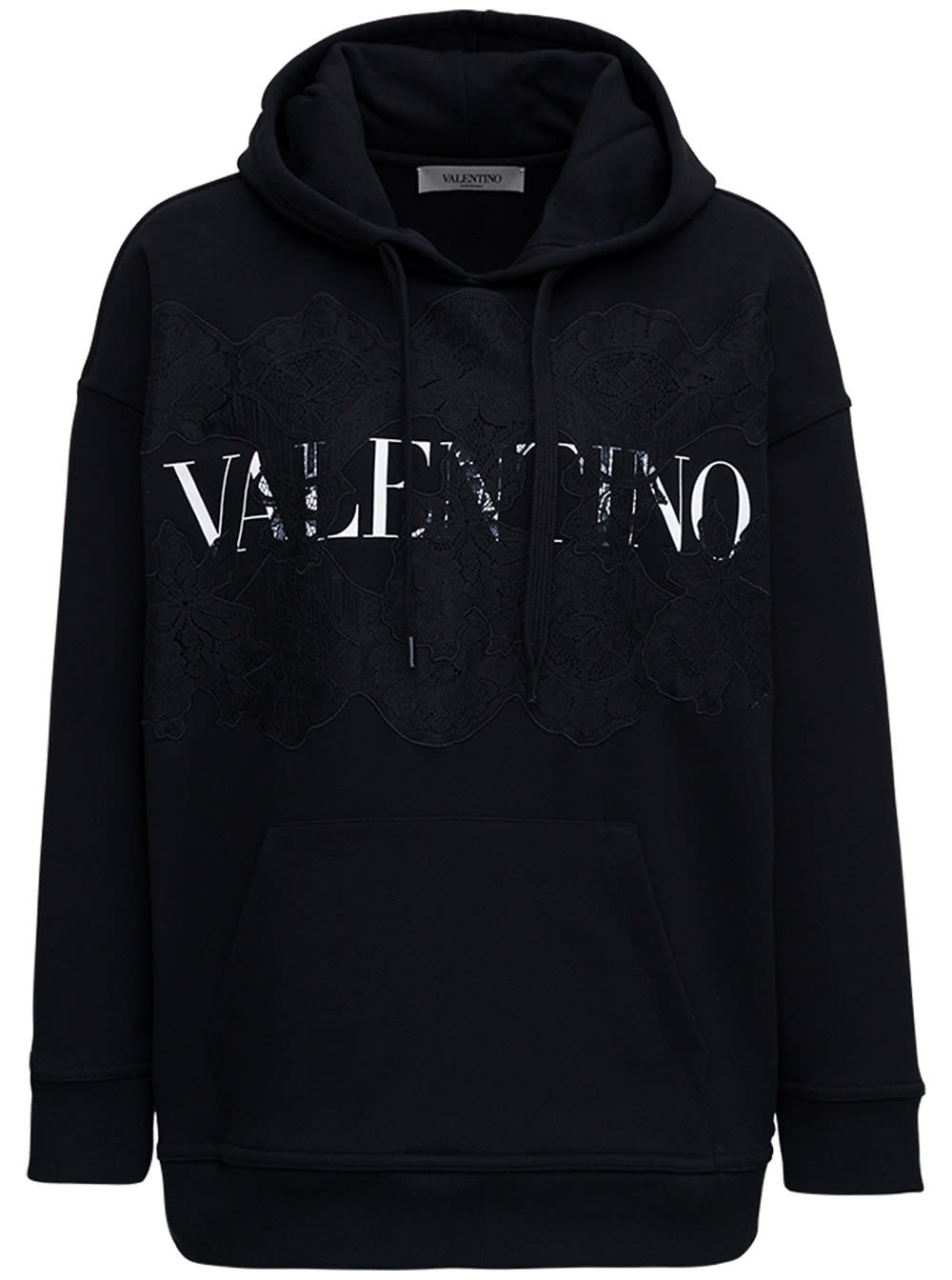 Valentino Black Jersey And Lace Hoodie With Logo Print