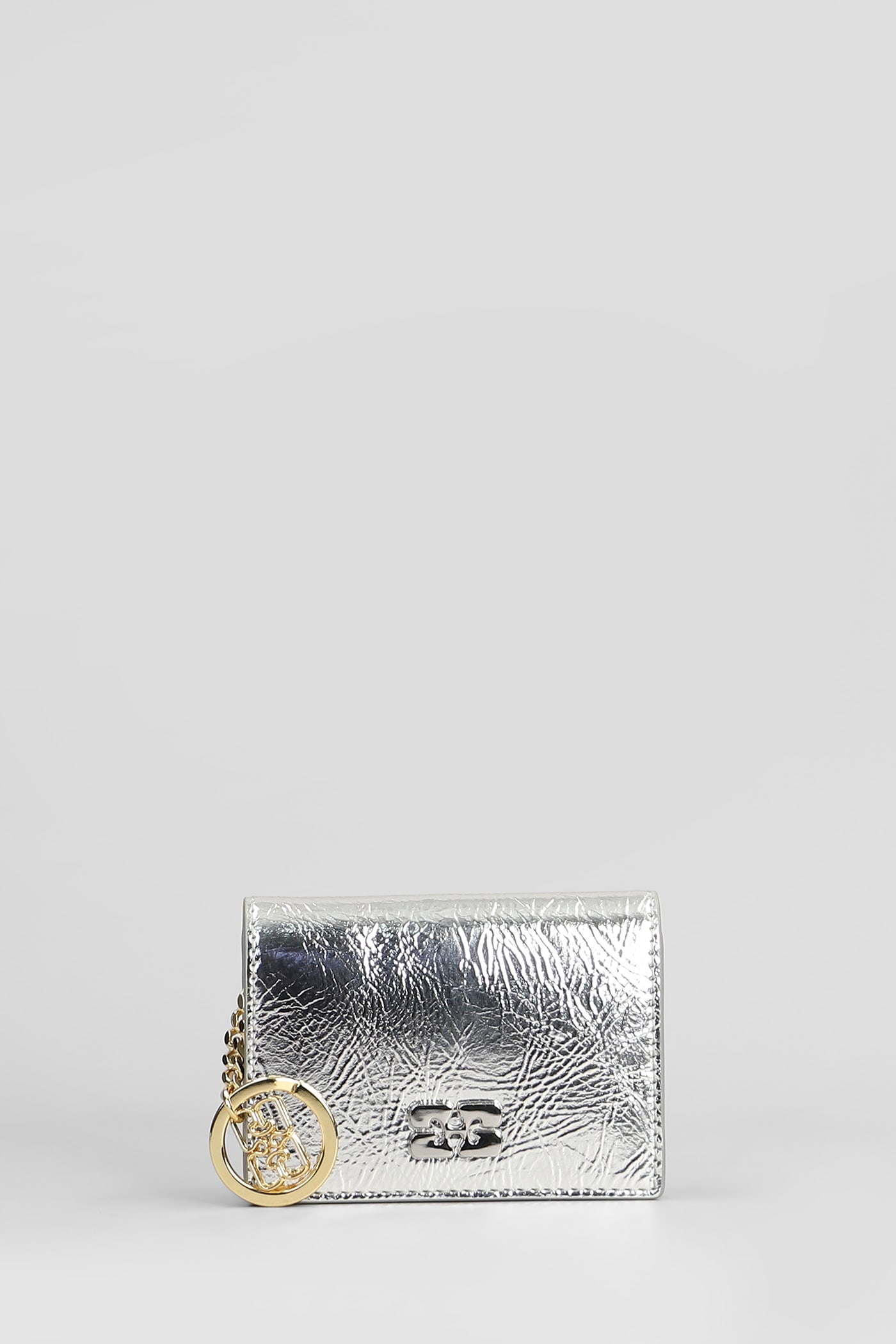 Ganni Bou Flap Wallet In Silver Leather In Silver