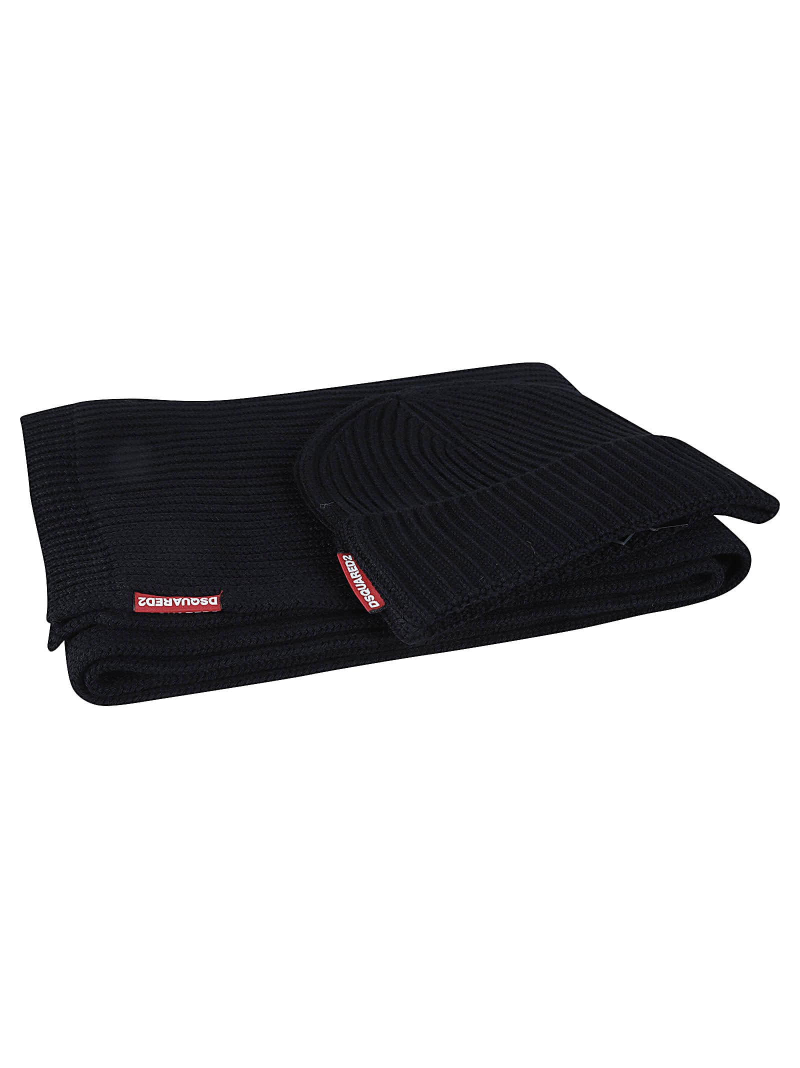 Dsquared2 Woven Ribbed Beanie & Scarf Set In Black