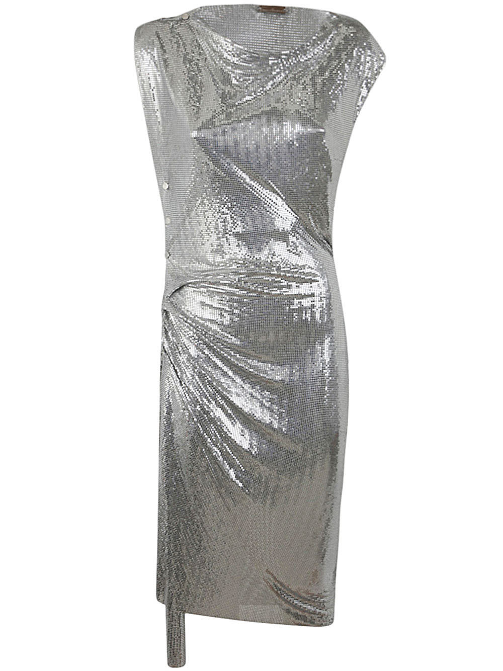 Shop Paco Rabanne Draped Mesh Dress In Silver