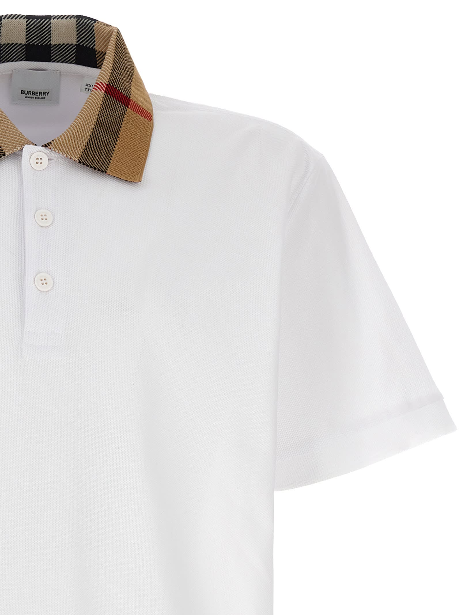 Burberry Check-collar White Polo Shirt With Three-button Placket In White