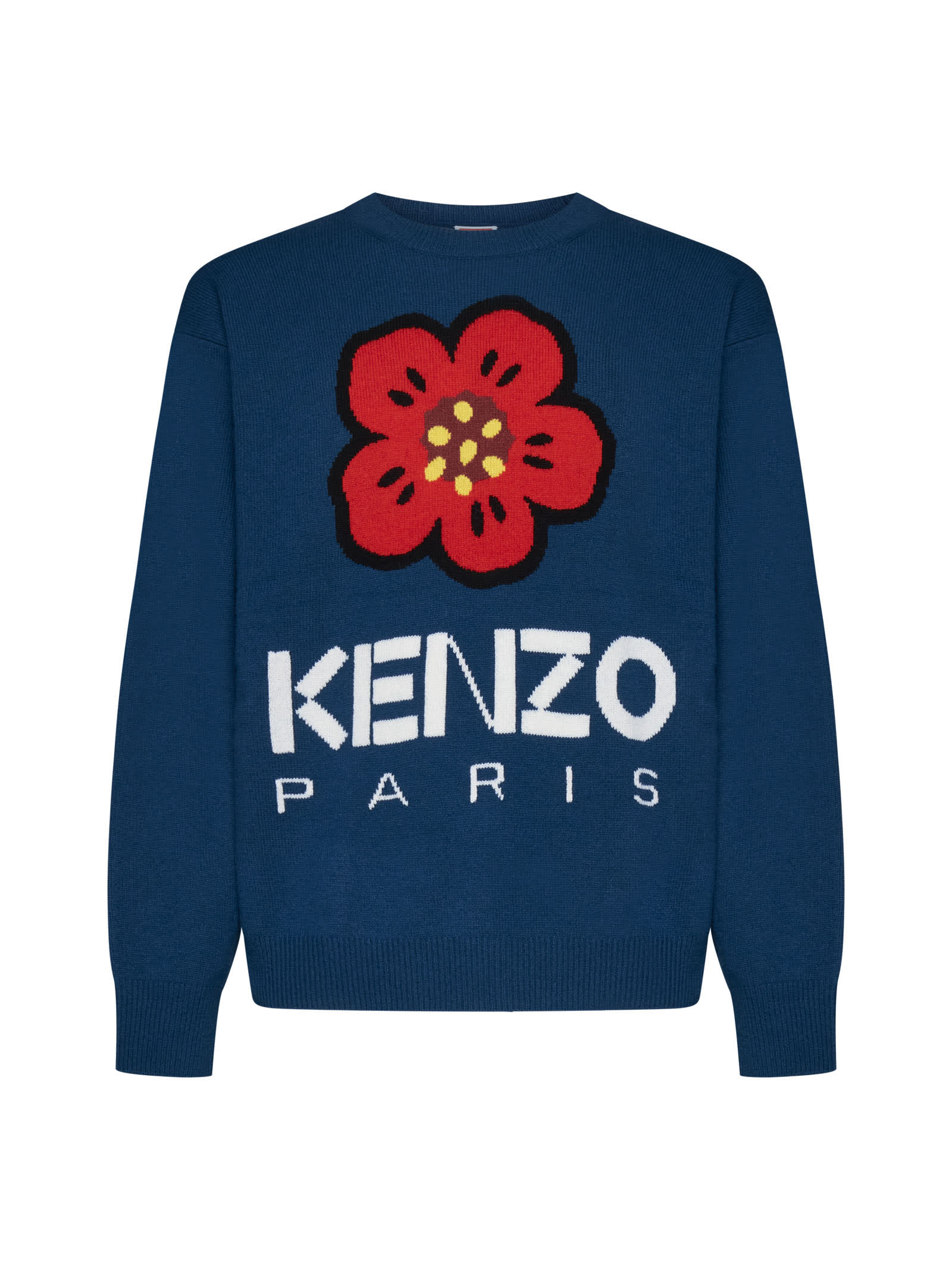 Kenzo Logo And Flower Wool Sweater In Bleu Canard
