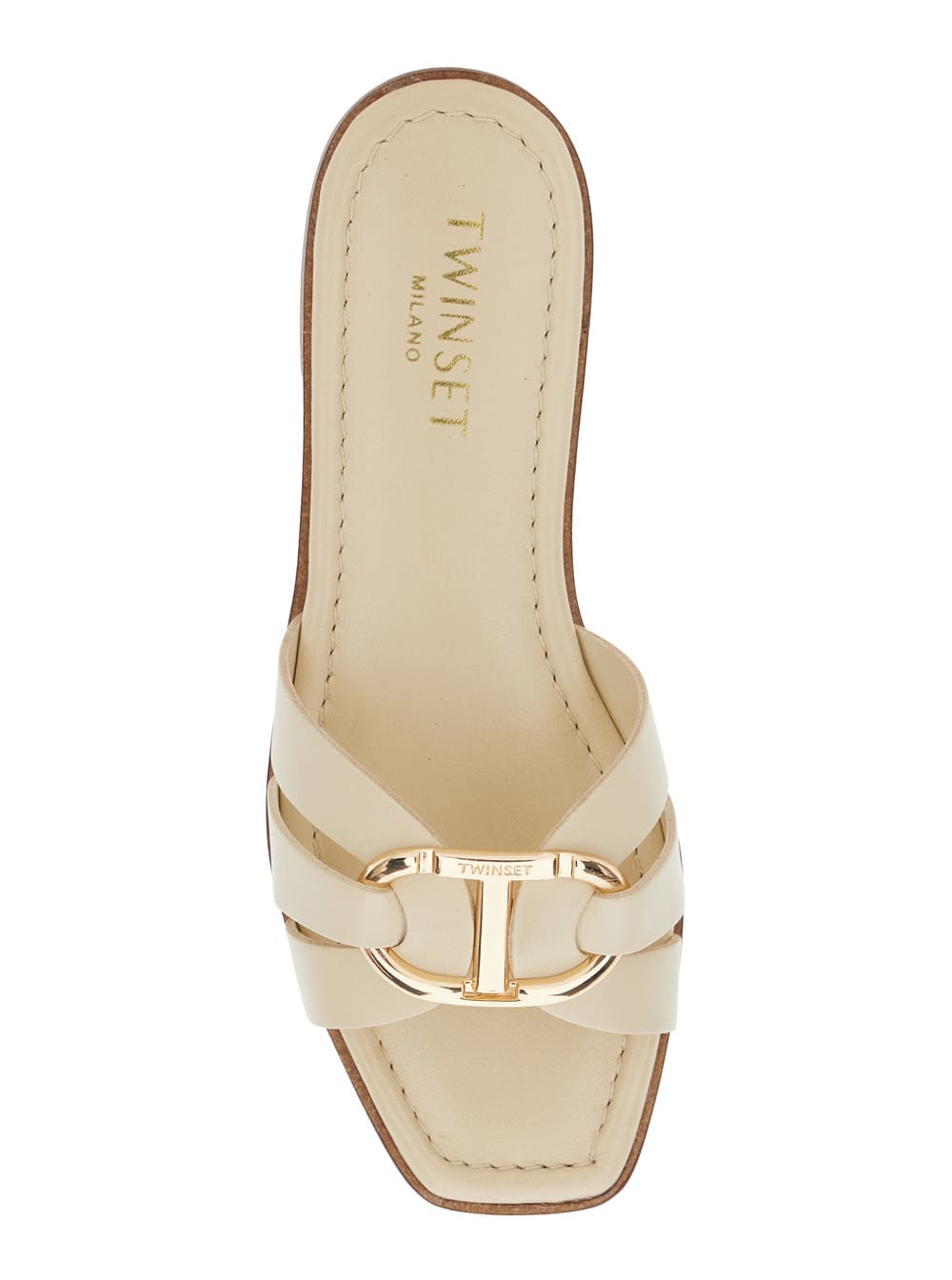 TWINSET BEIGE SANDALS WITH LOGO PLAQUE ON THE FRONT AND SQUARE TOE IN LEATHER WOMAN