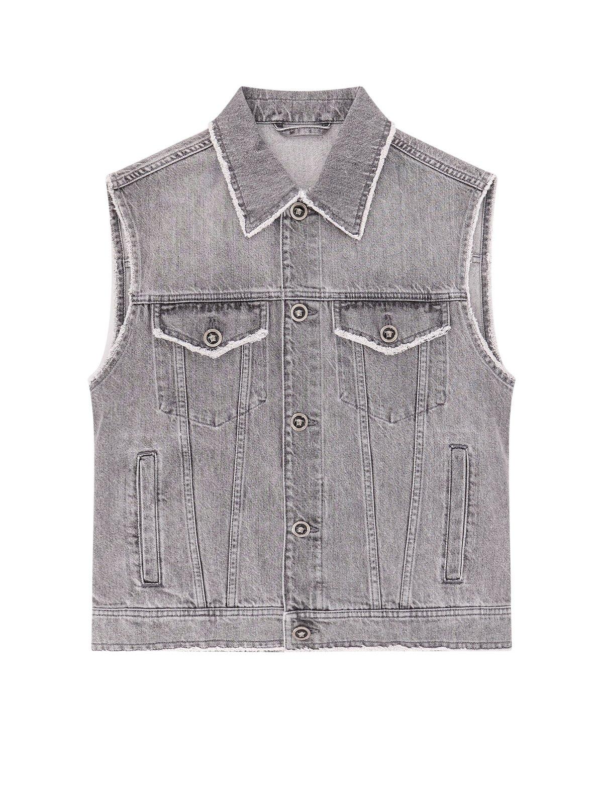 Shop Versace Logo Patch Frayed Denim Gilet In Mid Grey