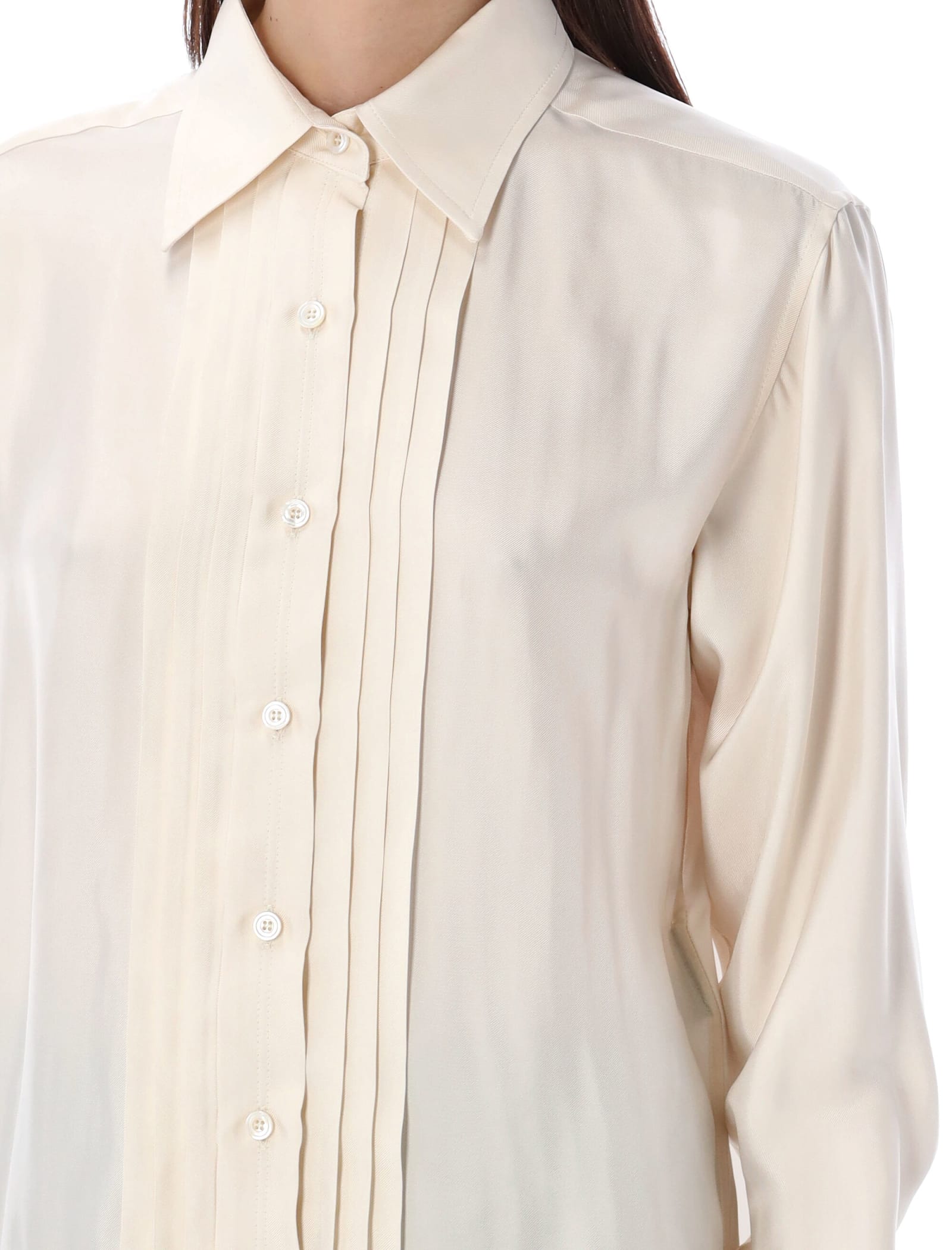 Shop Tom Ford Fluid Viscose Silk Twill Shirt With Plisse Plastron In Ecru