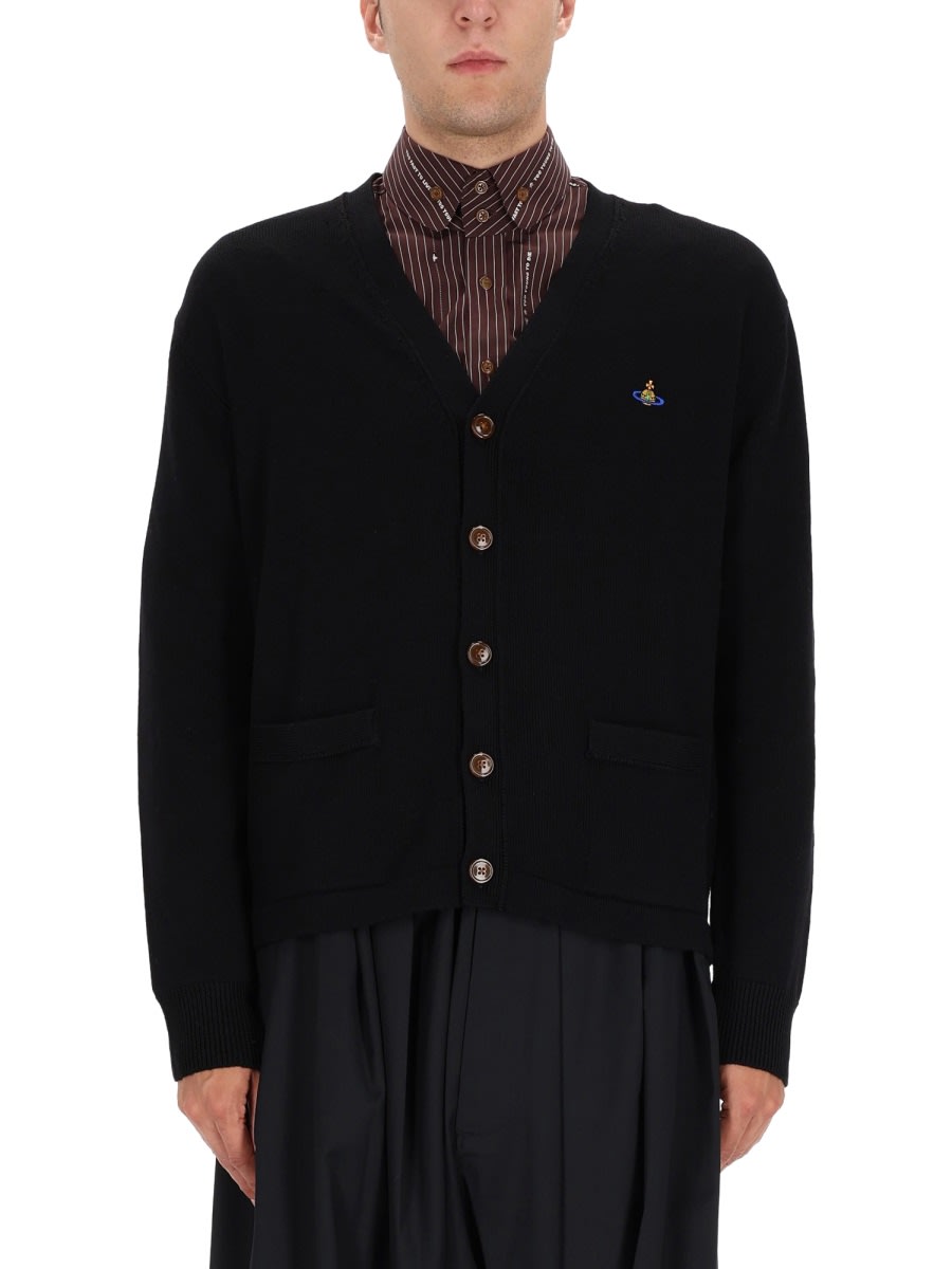 Vivienne Westwood Black V Neck Cardigan With Orb Embroidery In Cotton And Cashmere