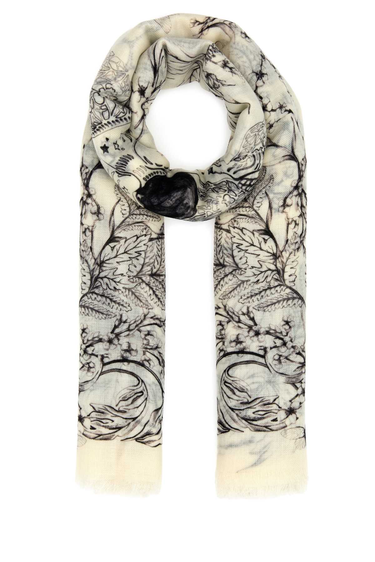 Shop Alexander Mcqueen Printed Wool Foulard In Ivoryblack