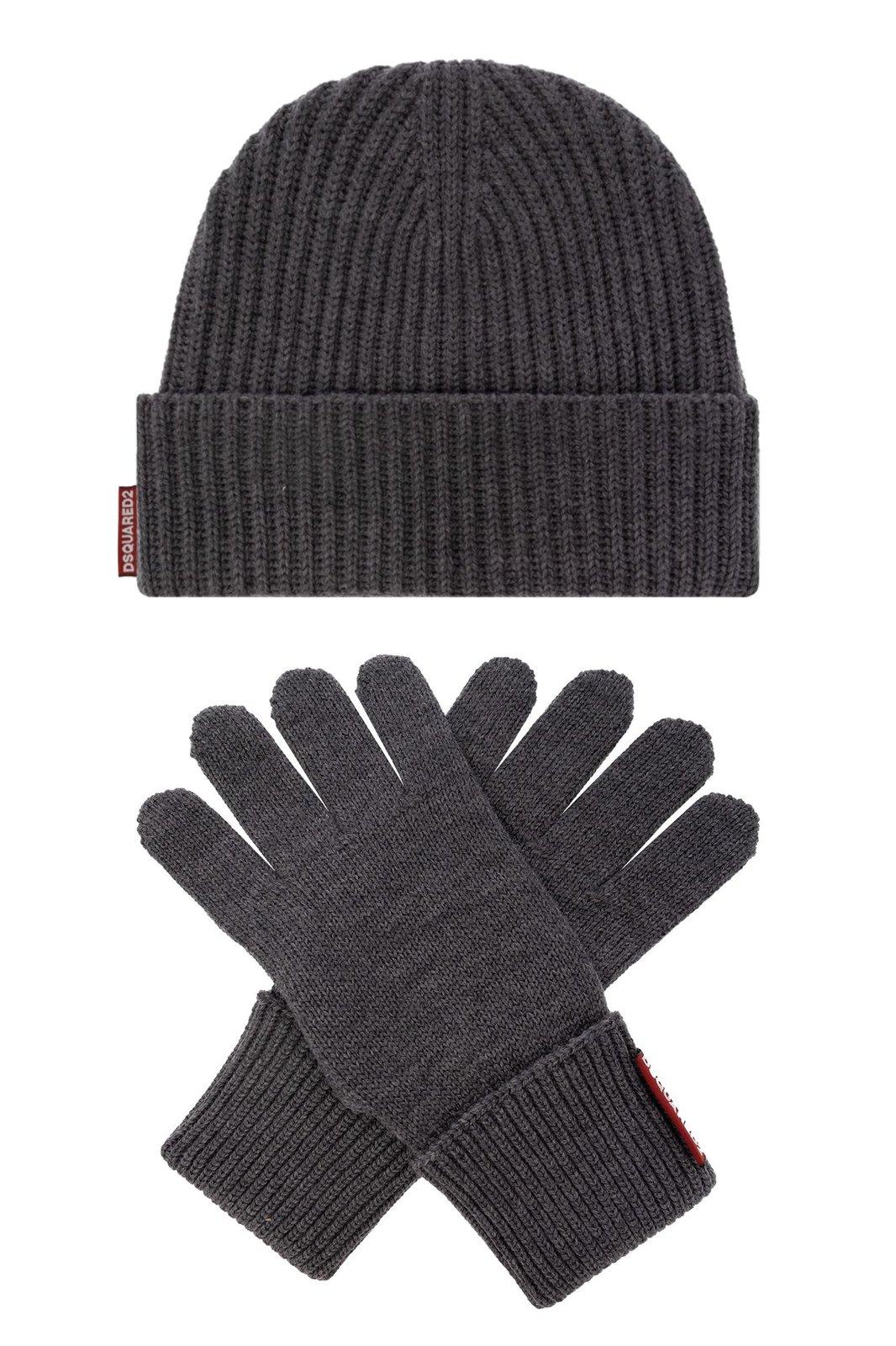 Shop Dsquared2 Logo Patch Beanie & Gloves In Grey