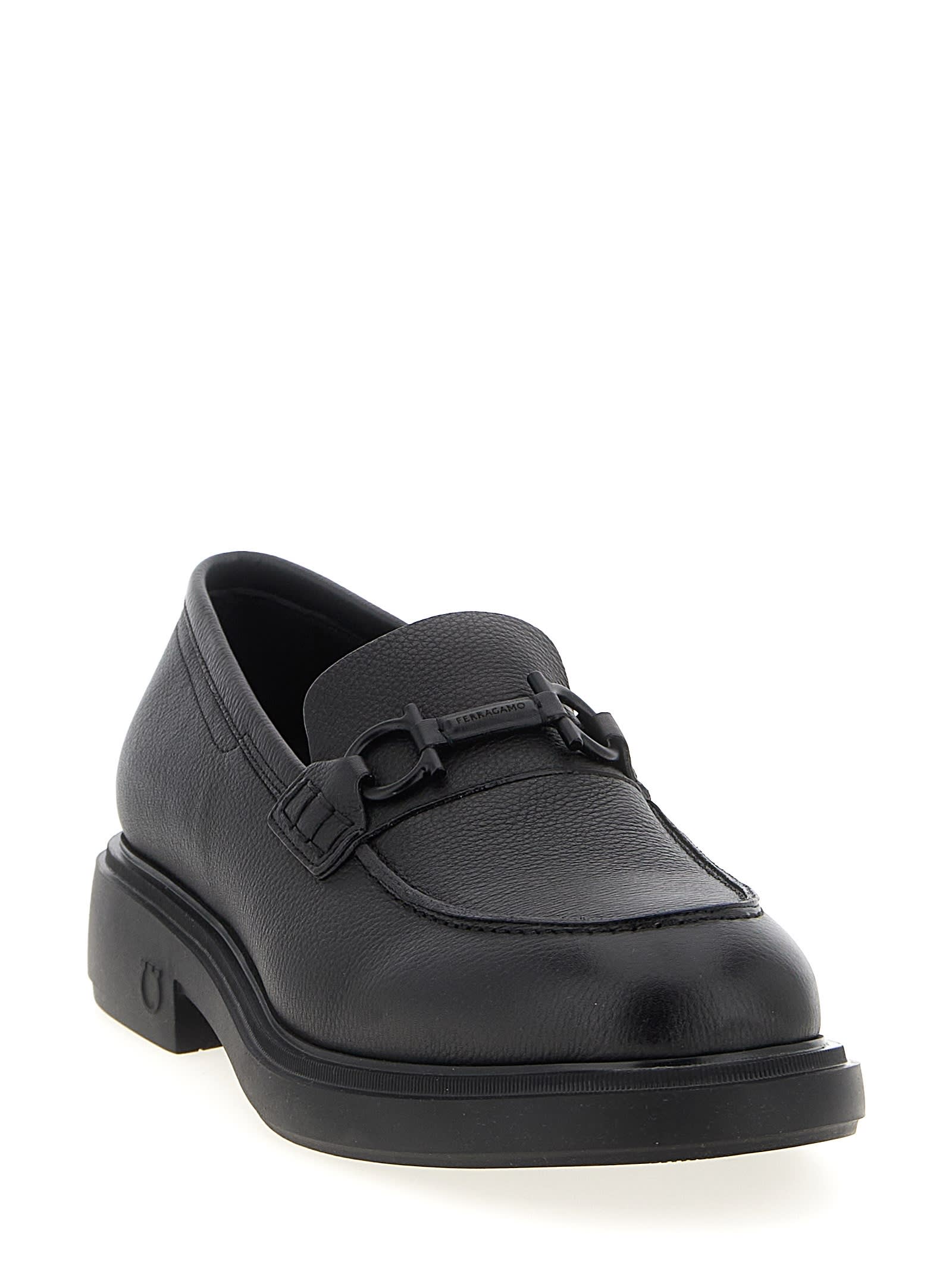 Ferragamo Mocasin With Black Gancini Decoration In Black