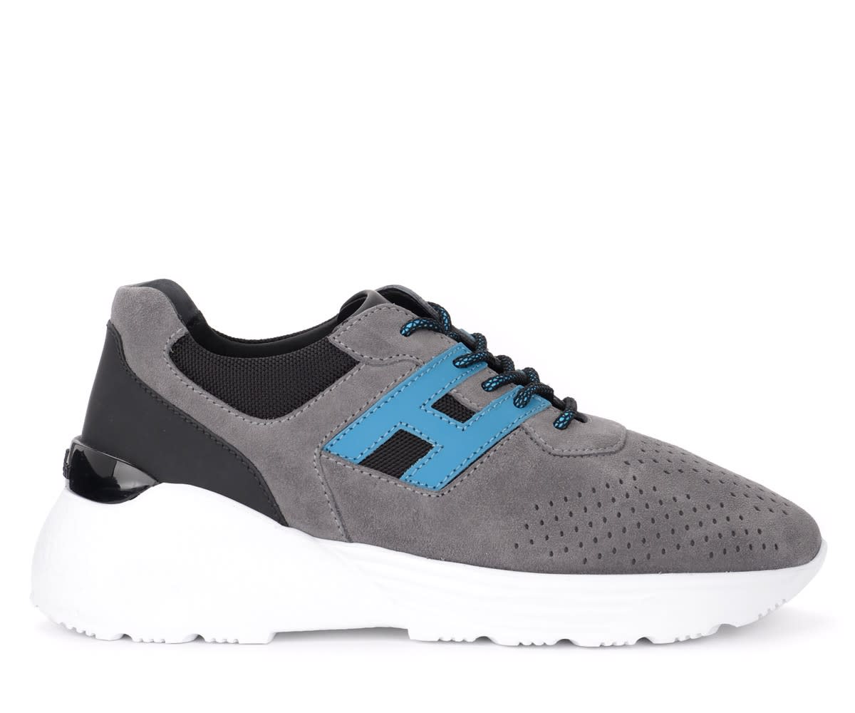 HOGAN ACTIVE ONE SNEAKER MADE OF GRAY SUEDE WITH H IN LIGHT BLUE LEATHER,11288874