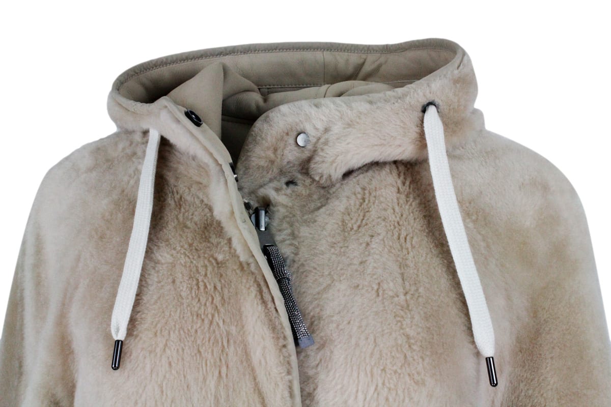 Brunello Cucinelli Reversible Coat In Soft Shearling With Hood In Beige