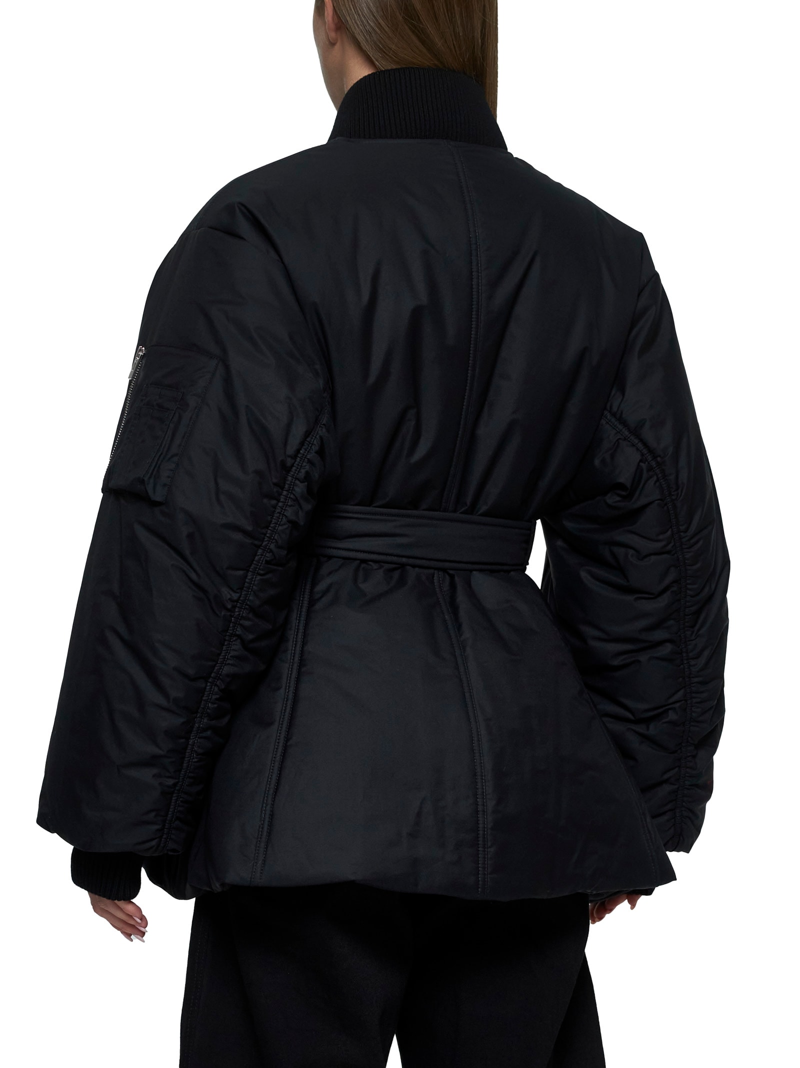 ALAÏA BLACK TECHNICAL TWILL BELTED BOMBER JACKET