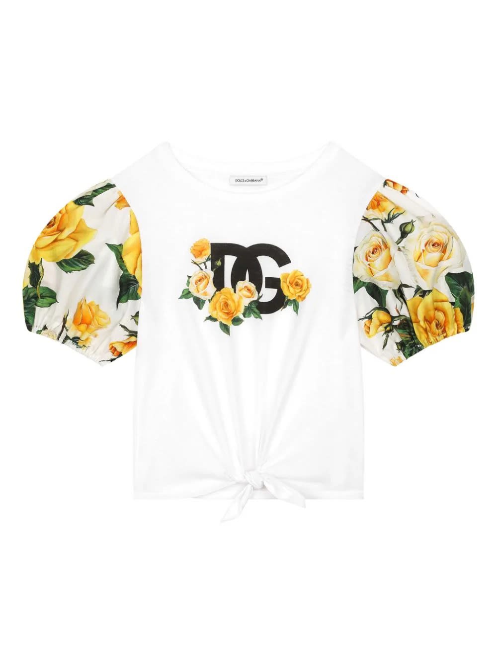 Dolce & Gabbana Kids' Jersey And Poplin T-shirt With Dg Logo And Yellow Rose Print