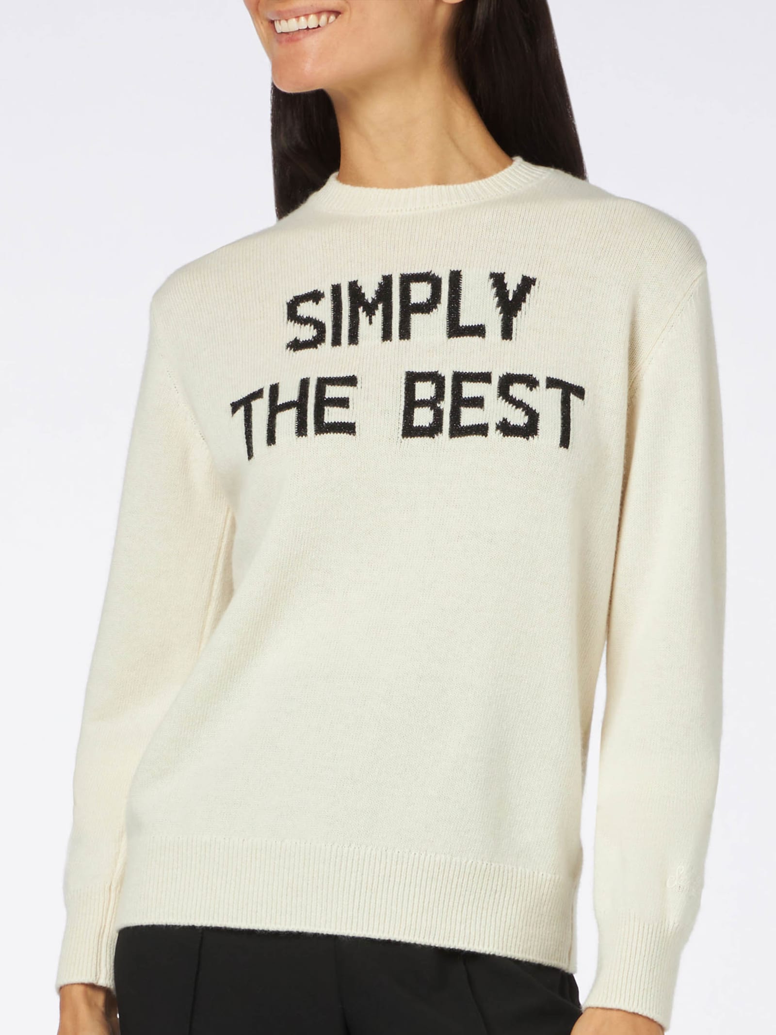 Woman Crewneck White Sweater With Simply The Best Lurex Print Niki Dj Special Edition