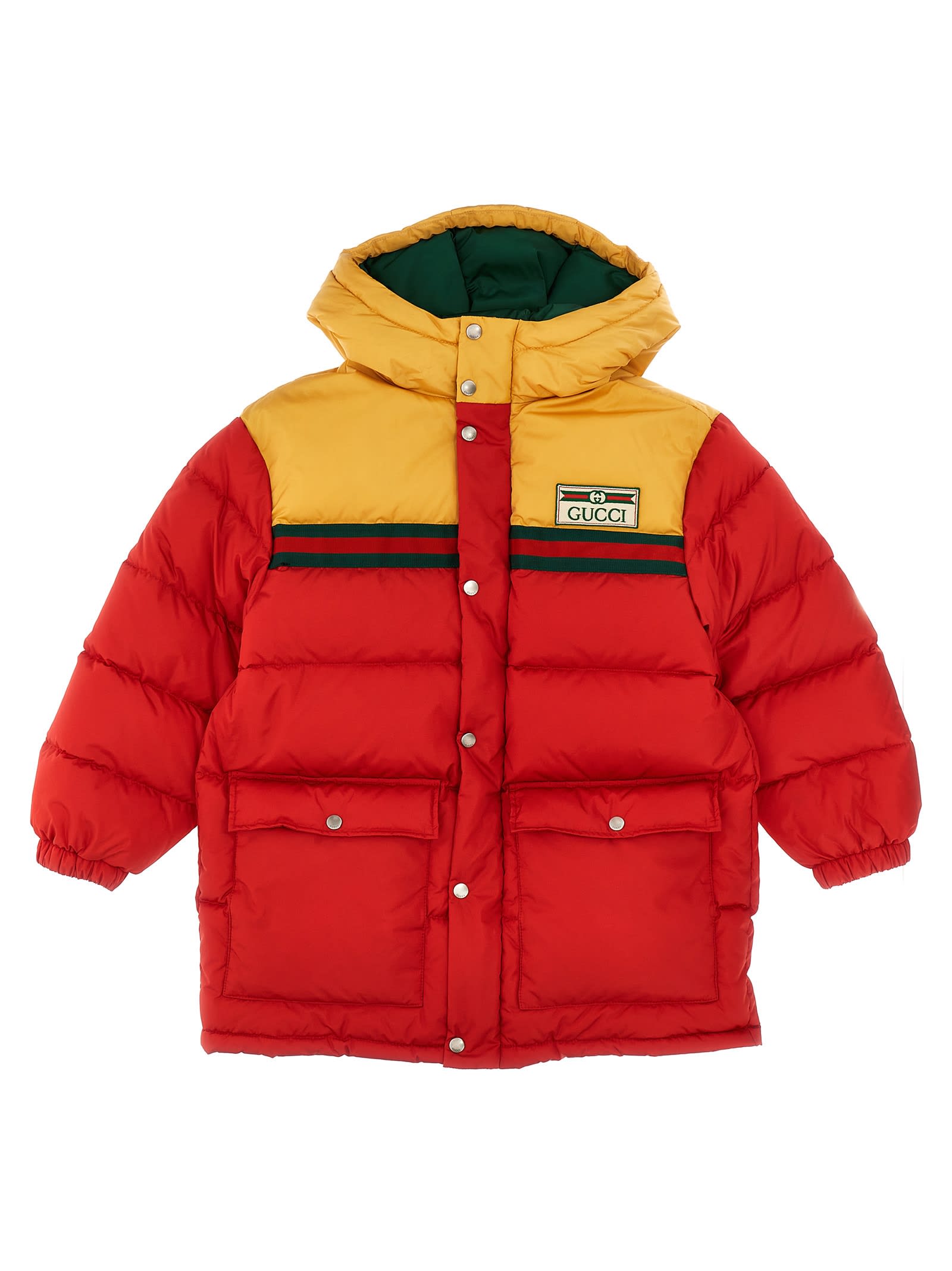 Shop Gucci Hooded Logo Puffer Jacket In Multicolor