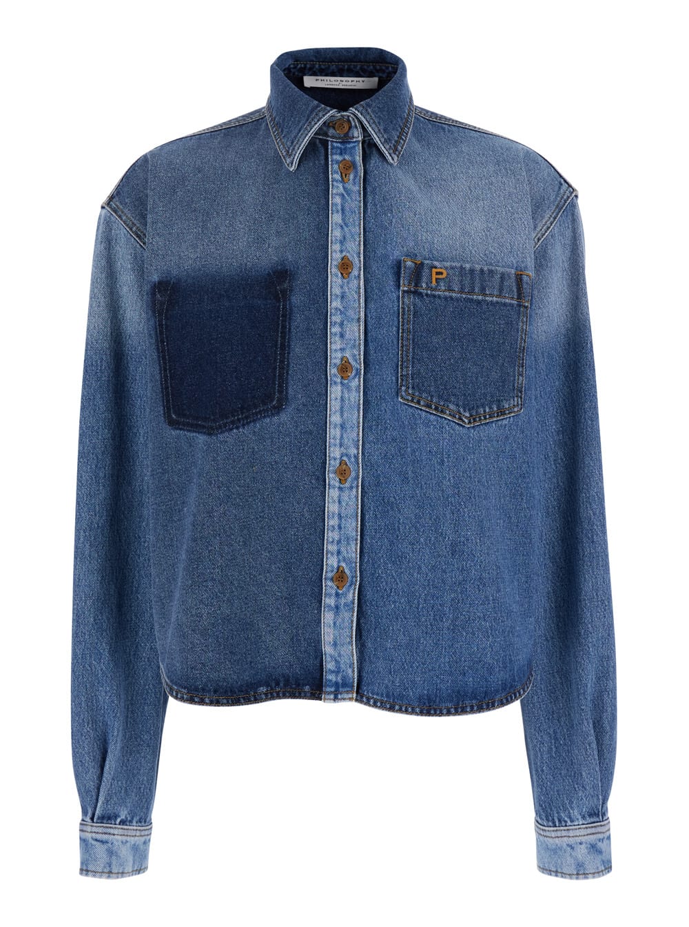 Blue Shirt With Classic Collar And Logo Detail On The Pocket In Denim Woman