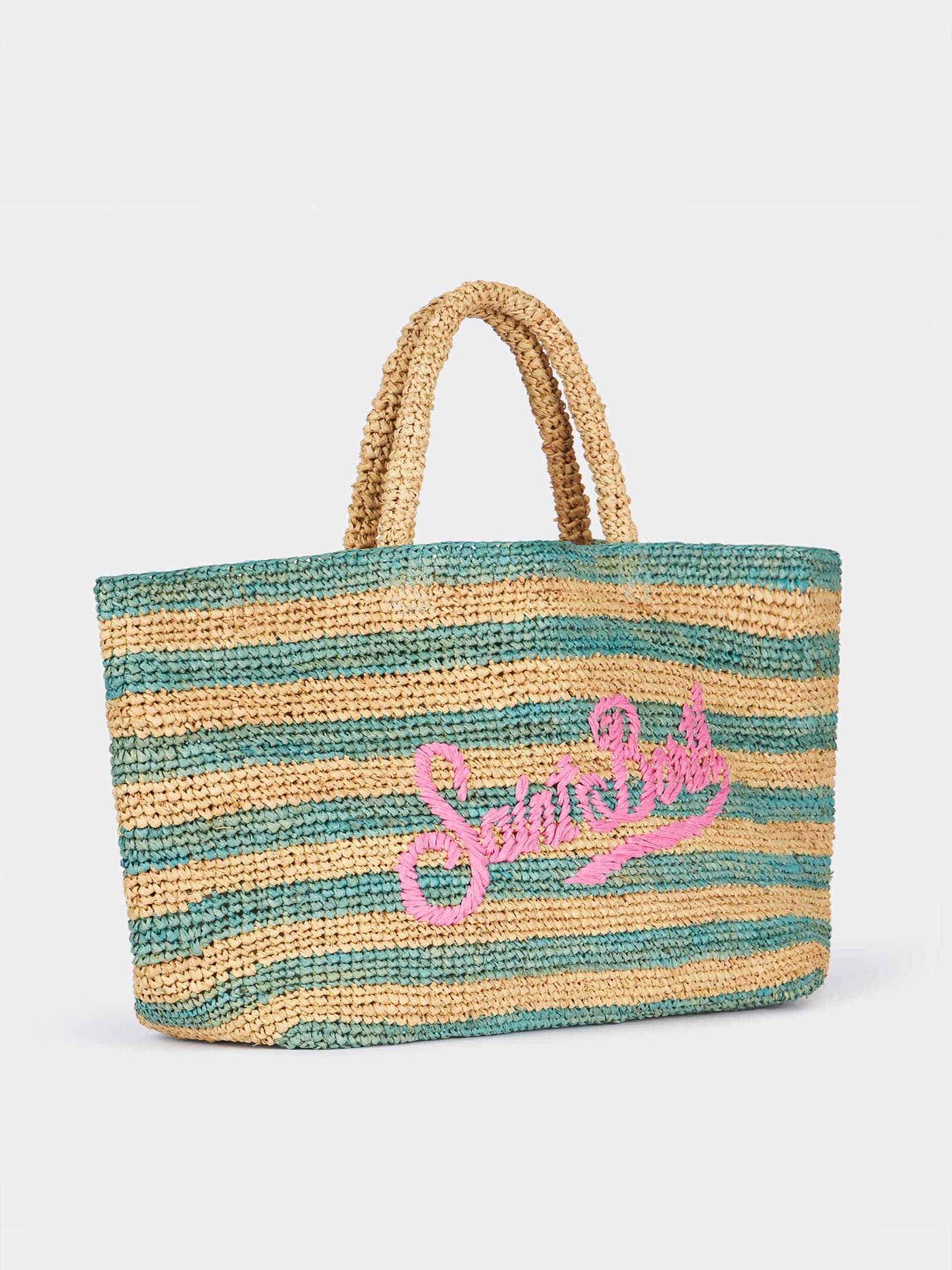 Shop Mc2 Saint Barth Turquoise Striped Raffia Beach Bag With Cotton Pouch In Sky