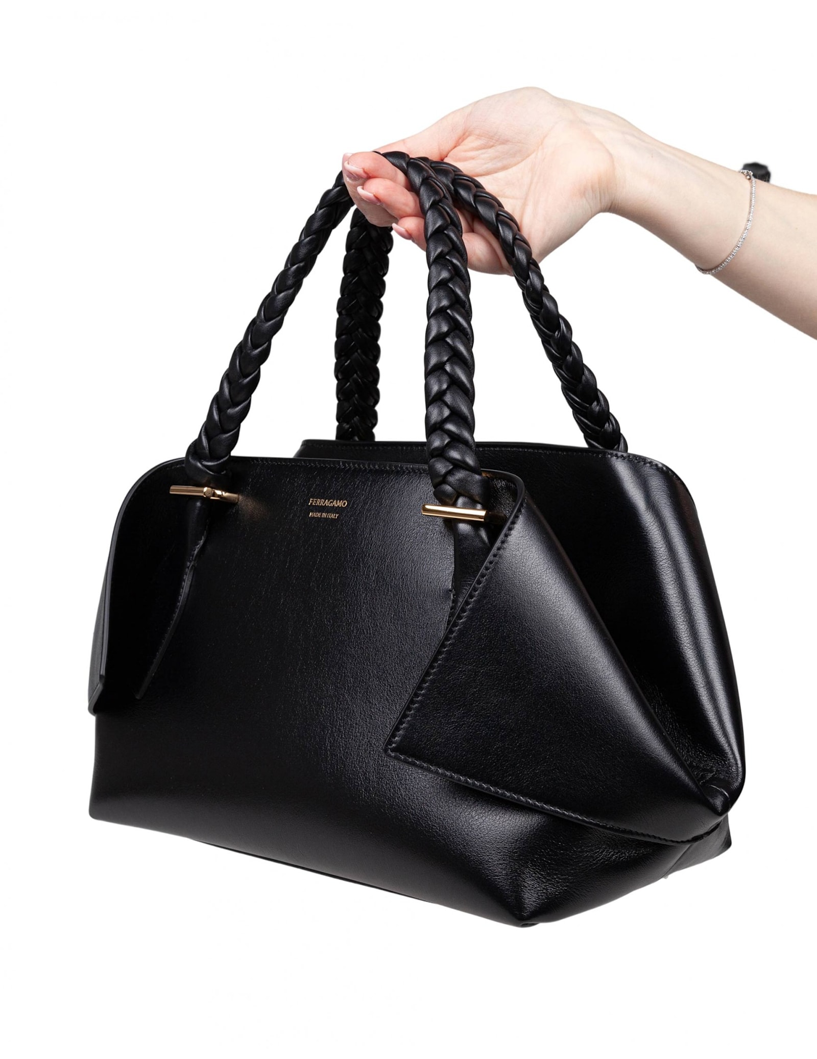 Ferragamo Folded-corner Leather Clutch With Embossed Logo In Black