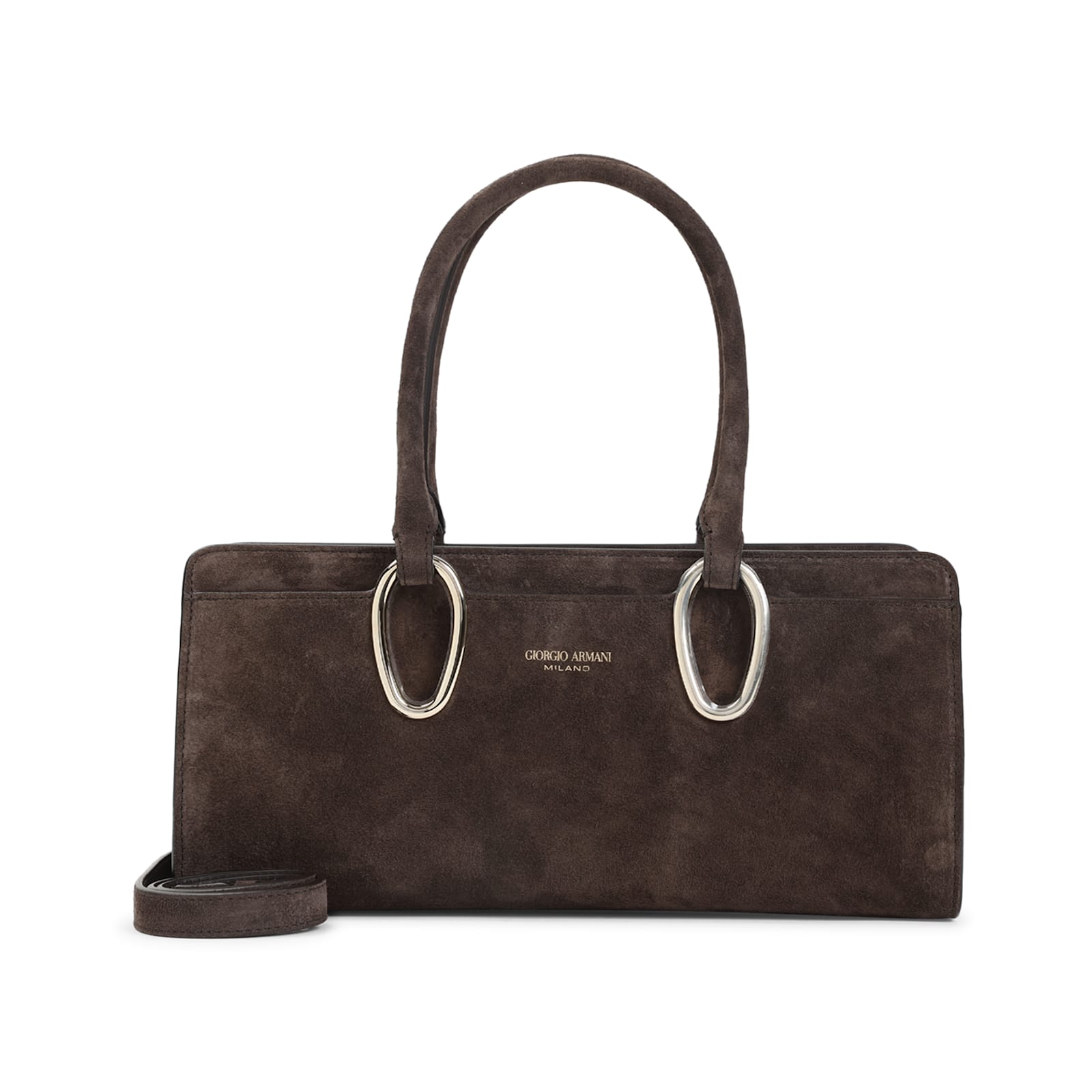 Giorgio Armani Rectangular Suede Shoulder Bag With Metal Hardware In Brown