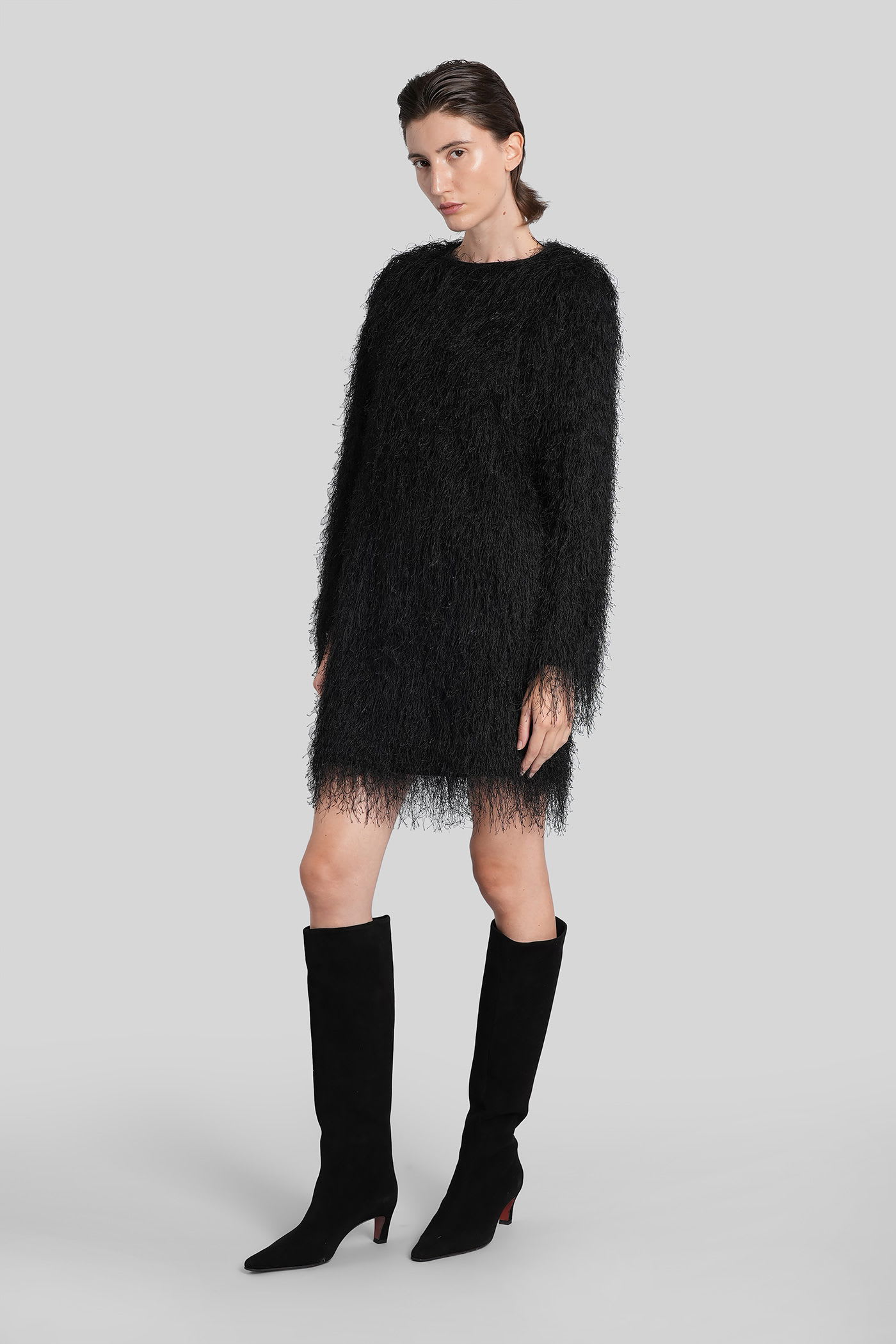 Loulou Studio Fringed Dress With Long Sleeves And Round Neckline In Black