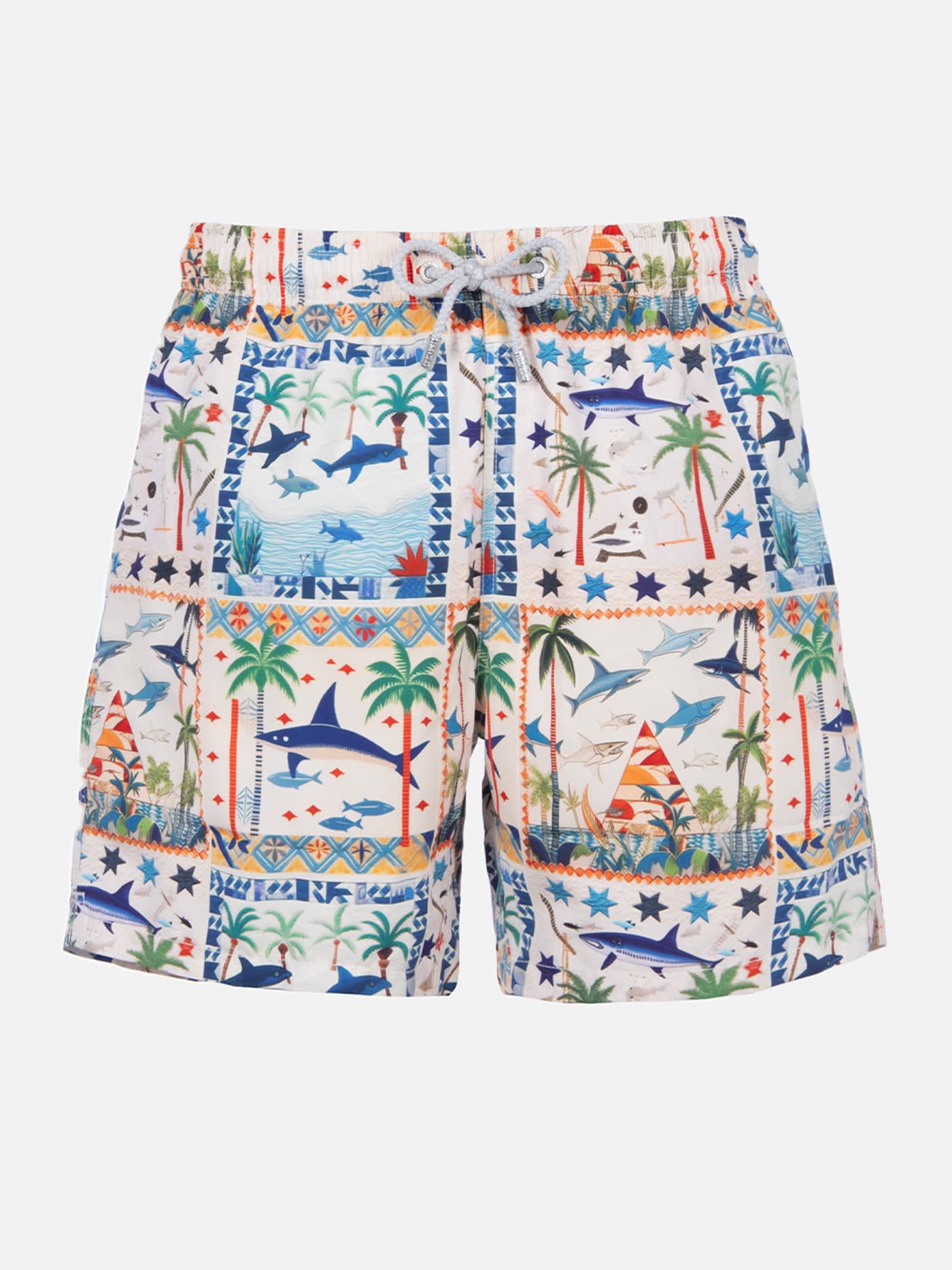 Shop Mc2 Saint Barth Man Mid-length Gustavia Swim-shorts With Egyptian Shark Print Ai Co-created Design By Rickdick - Pow In White