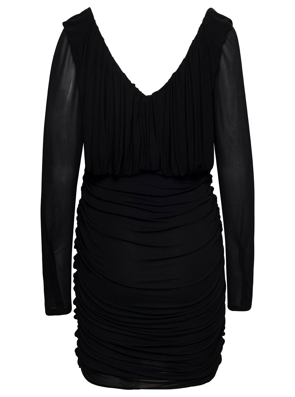 Shop Saint Laurent Black V-neck Draped Minidress In Cupro Woman