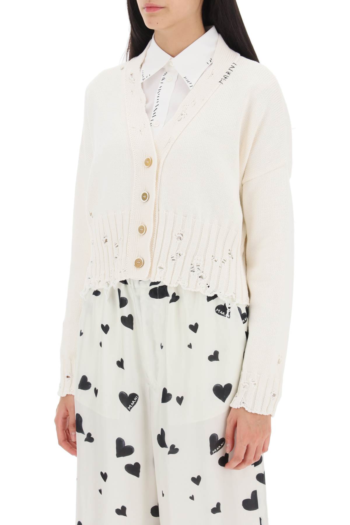 Shop Marni Destroyed-effect Cropped Cardigan In White