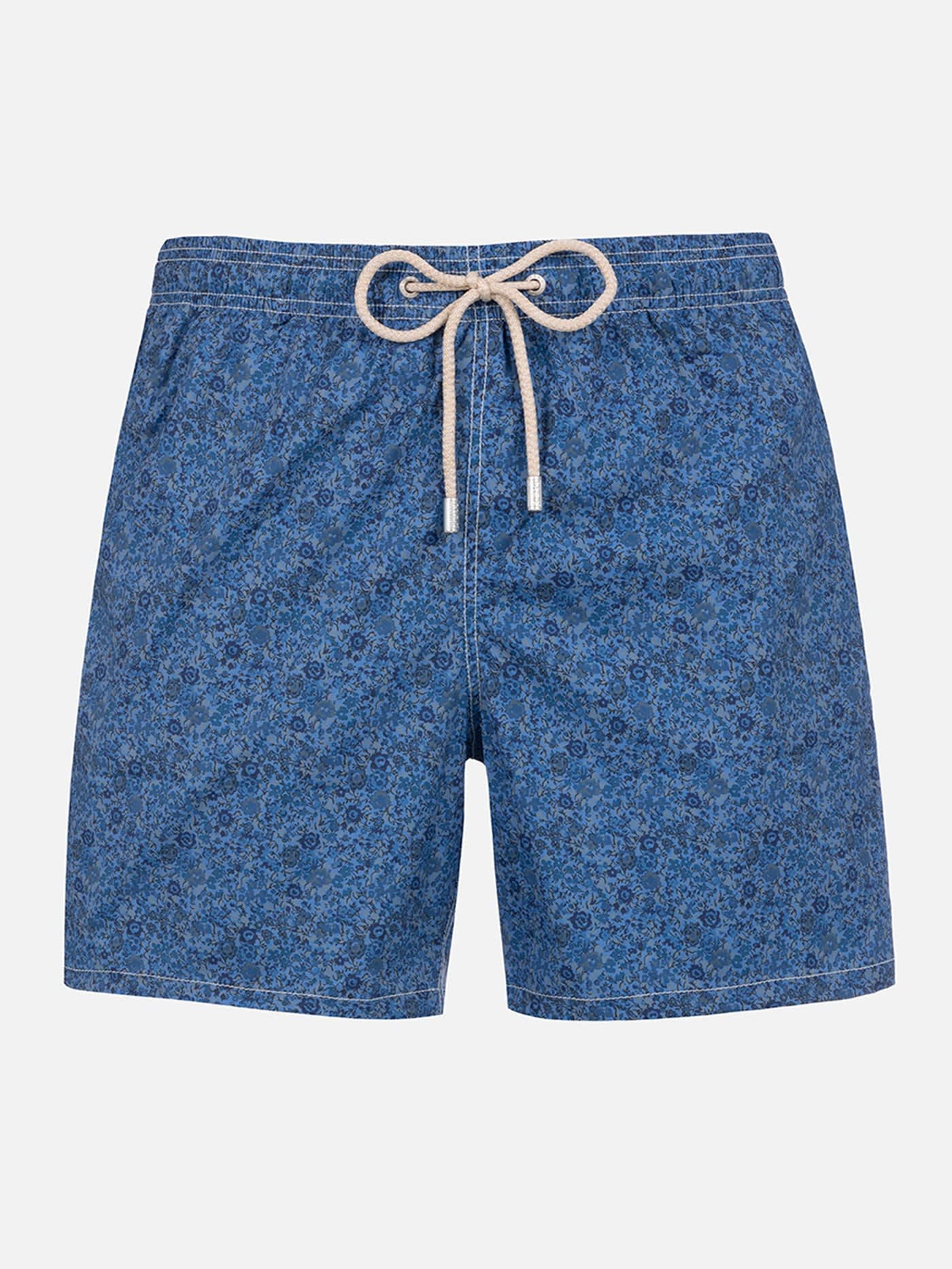 Shop Mc2 Saint Barth Man Mid-length Gustavia Swim-shorts With Emma & Georgina Print Made With Liberty Fabric In Blue