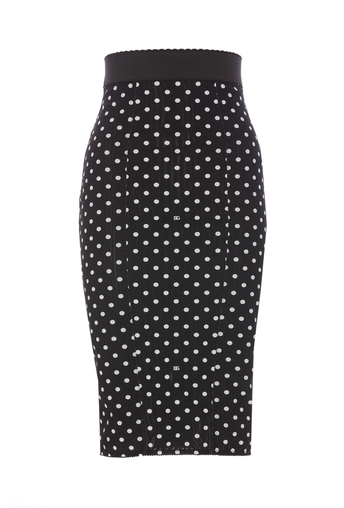 Dolce & Gabbana Marquisette Pencil Skirt With Polka Dot Print And Corset Detail In Black