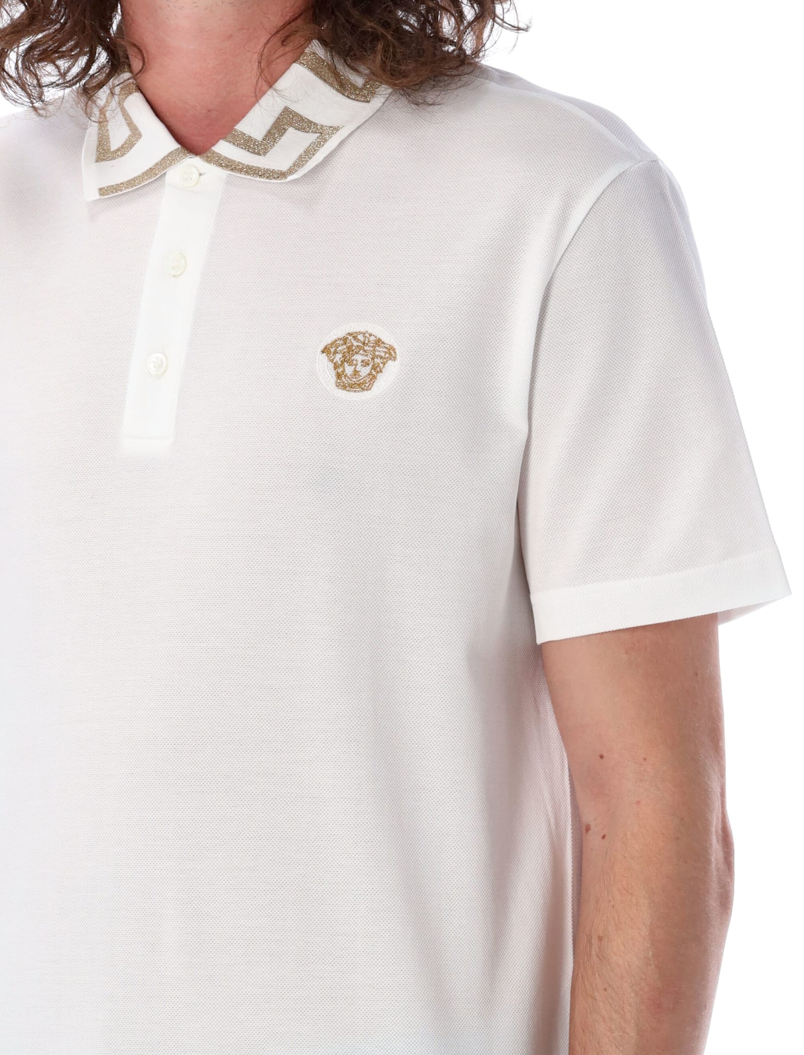 Shop Versace Greca Short-sleeved Polo Shirt In White