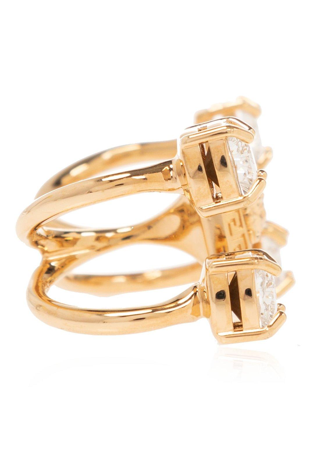 Shop Versace Medusa Embellished Two-finger Ring In Gold Crystal