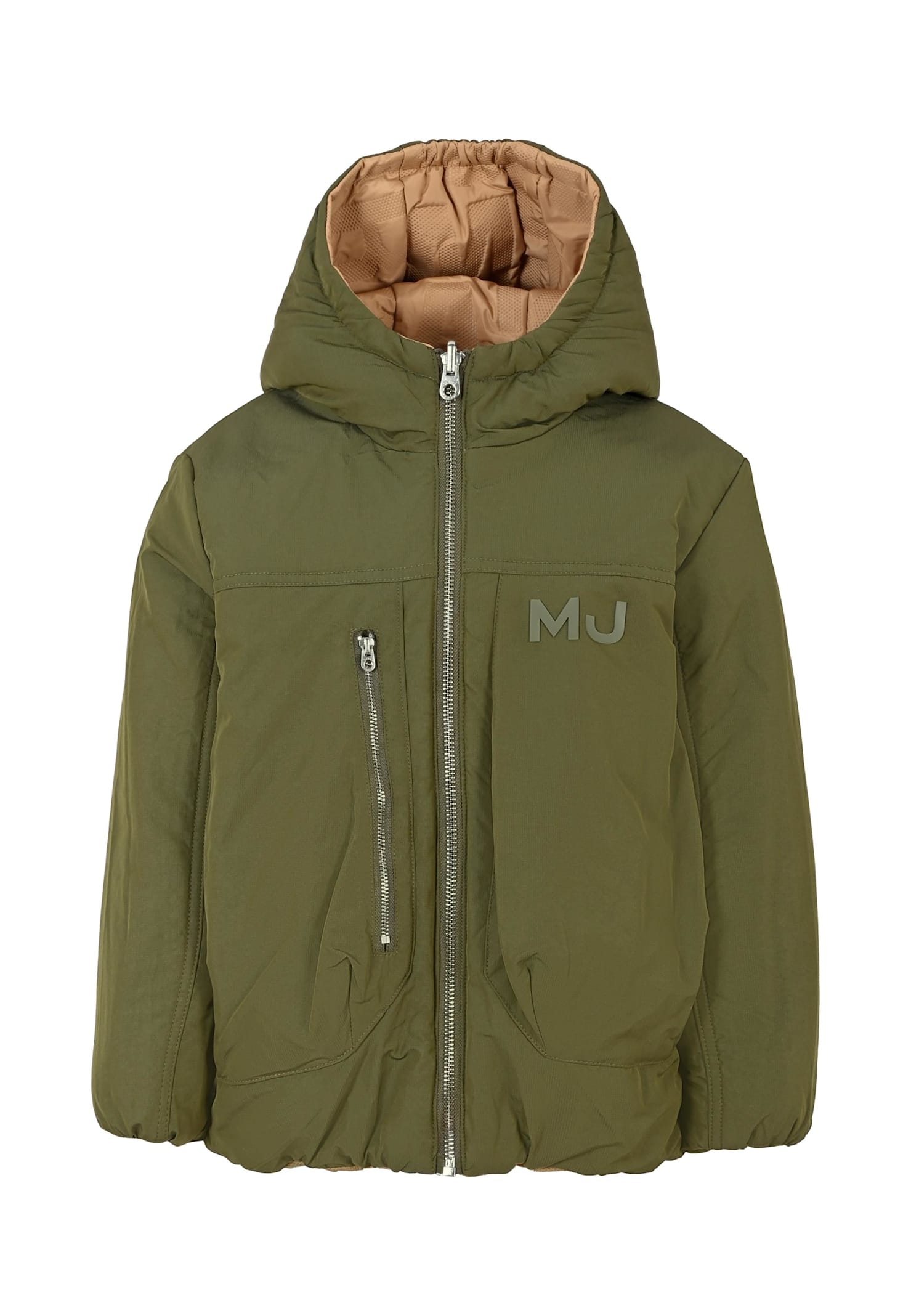 Marc Jacobs Beige Reversible Down Jacket For Boy With Logo In Green