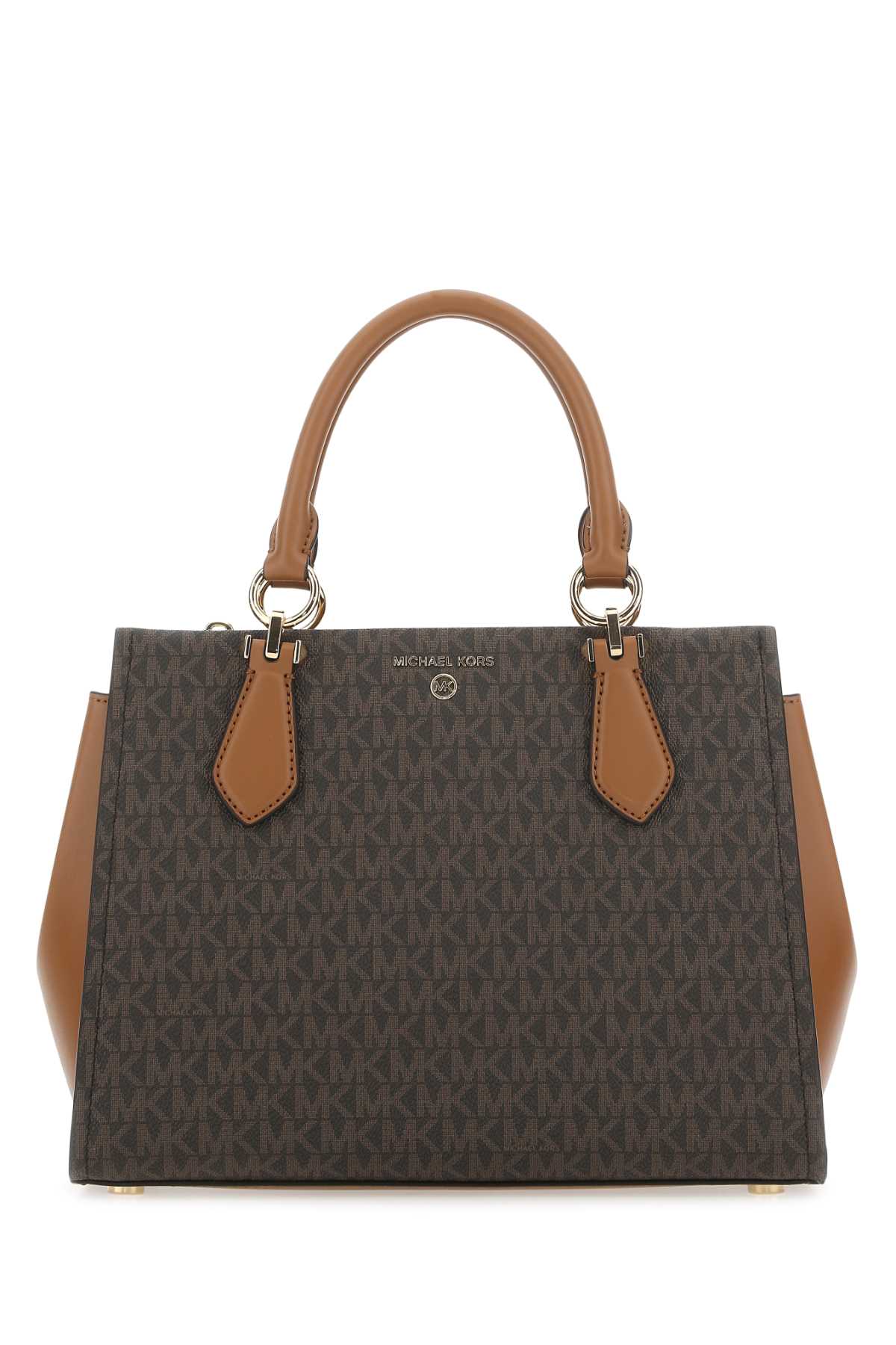 Shop Michael Kors Printed Canvas Marilyn Handbag In Brnacorn