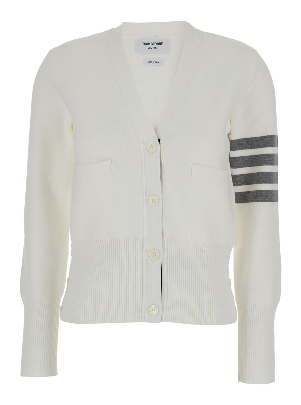 Shop Thom Browne Milano Classic V Neck Cardigan W/ 4 Bar Stripe In Cotton Crepe In White