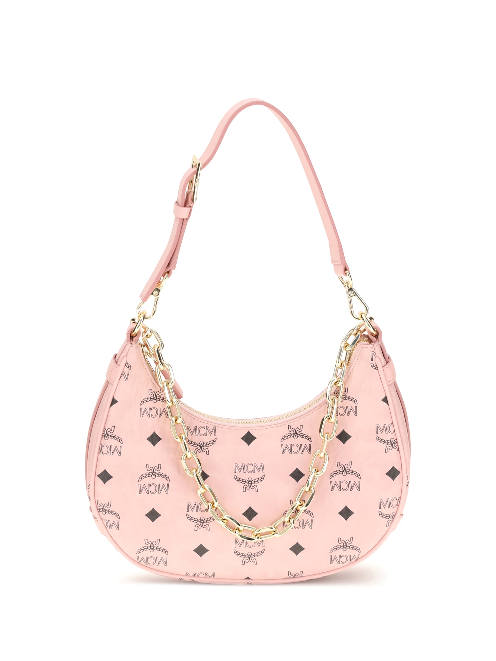 Mcm Aren Crescent Hobo Bag In Visetos In Pink