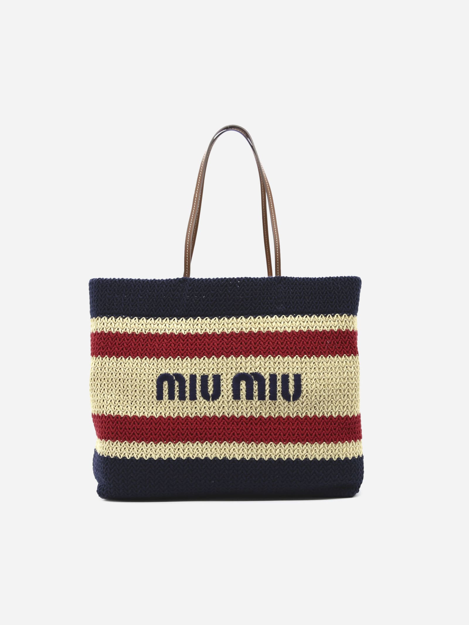Miu Miu Shoulder Bag In Raffia And Cotton With Contrasting Embroidered Logo