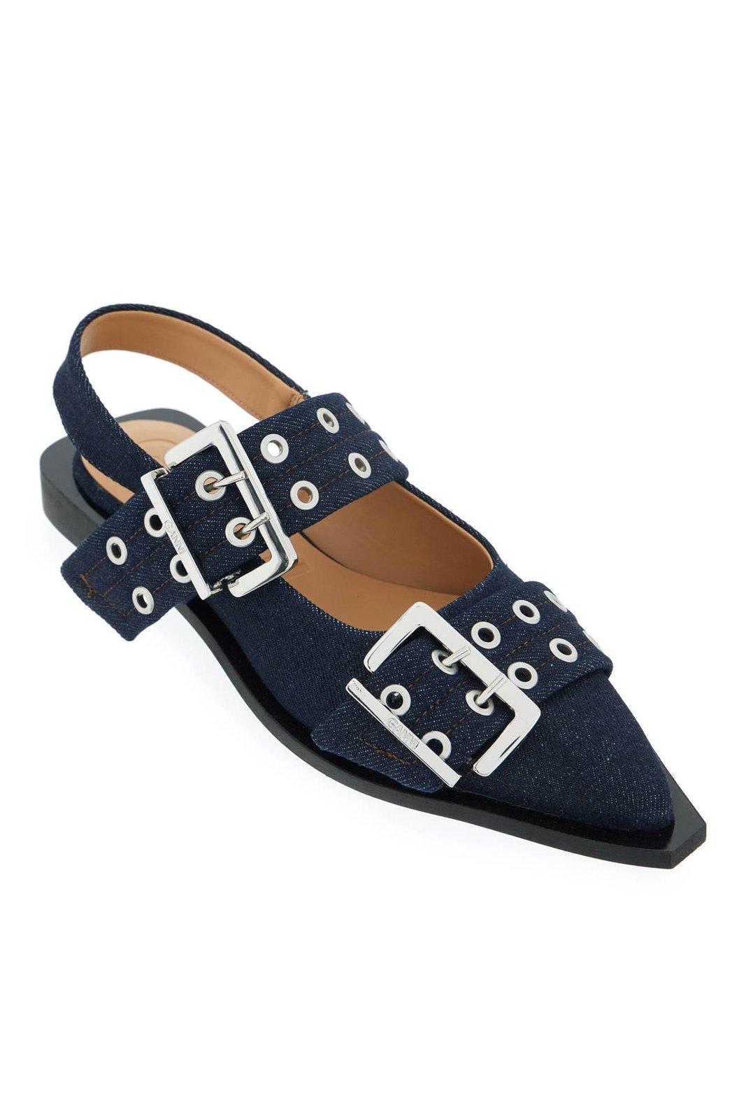 Shop Ganni Double-buckled Denim Ballerina Shoes In Dark Navy