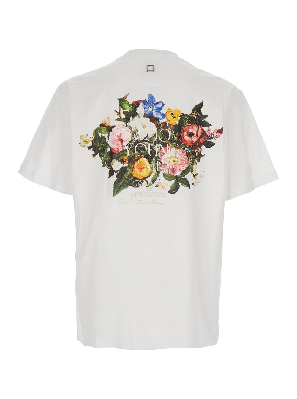 Wooyoungmi White Crewneck T-shirt With Logo Patch On The Front And Floral Motif On The Rear In Cotton Man In White